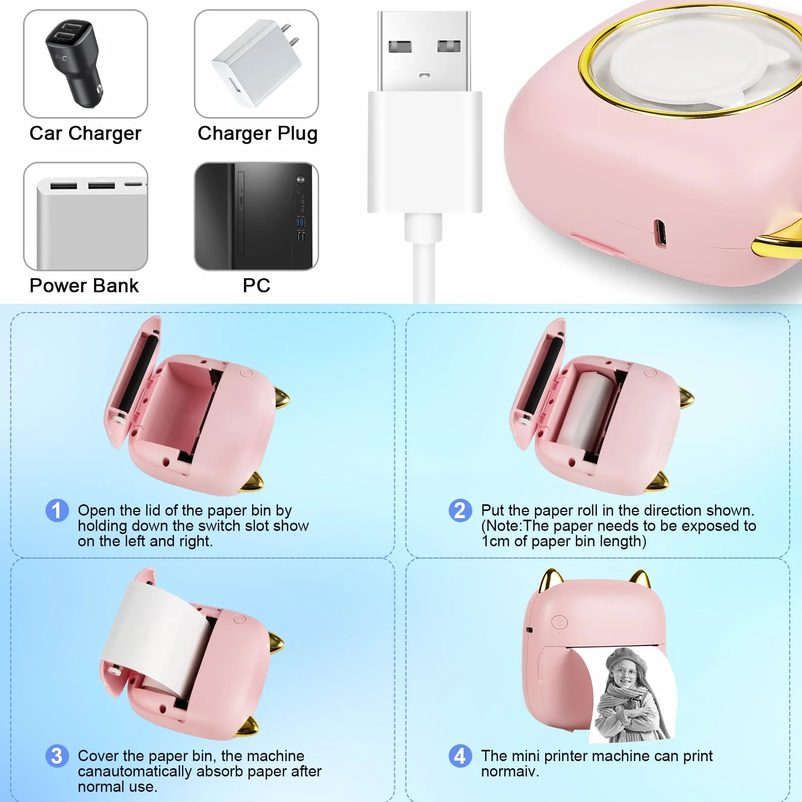 GuKKK Mini drukarka, mobilna drukarka fotograficzna, przenośna, mini drukarka fotograficzna z siedmioma kolorami LED, bezprzewodowa drukarka fotograficzna, drukarka termiczna do smartfonów, drukarka