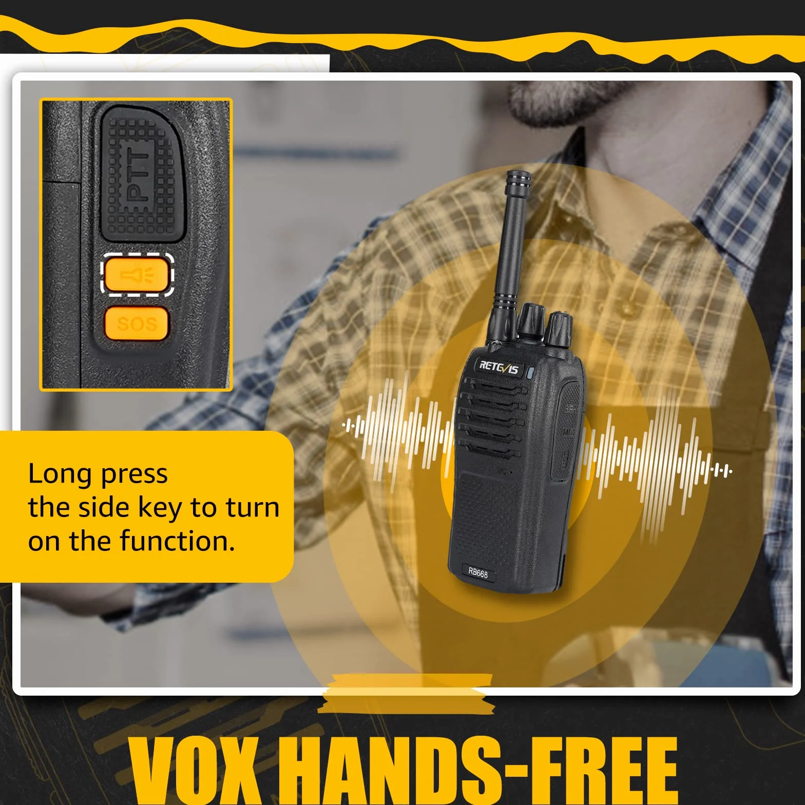 Retevis RB668 Walkie Talkie, Profesjonalne Krótkofalówka Akumulatorem 1200 mAh, Alarm Awaryjny PMR446, Blokada Szumów Latarki LED, Walkie-Talkie bez Użycia Rąk dla Dorosłych (Czarny, 5 Szt.)