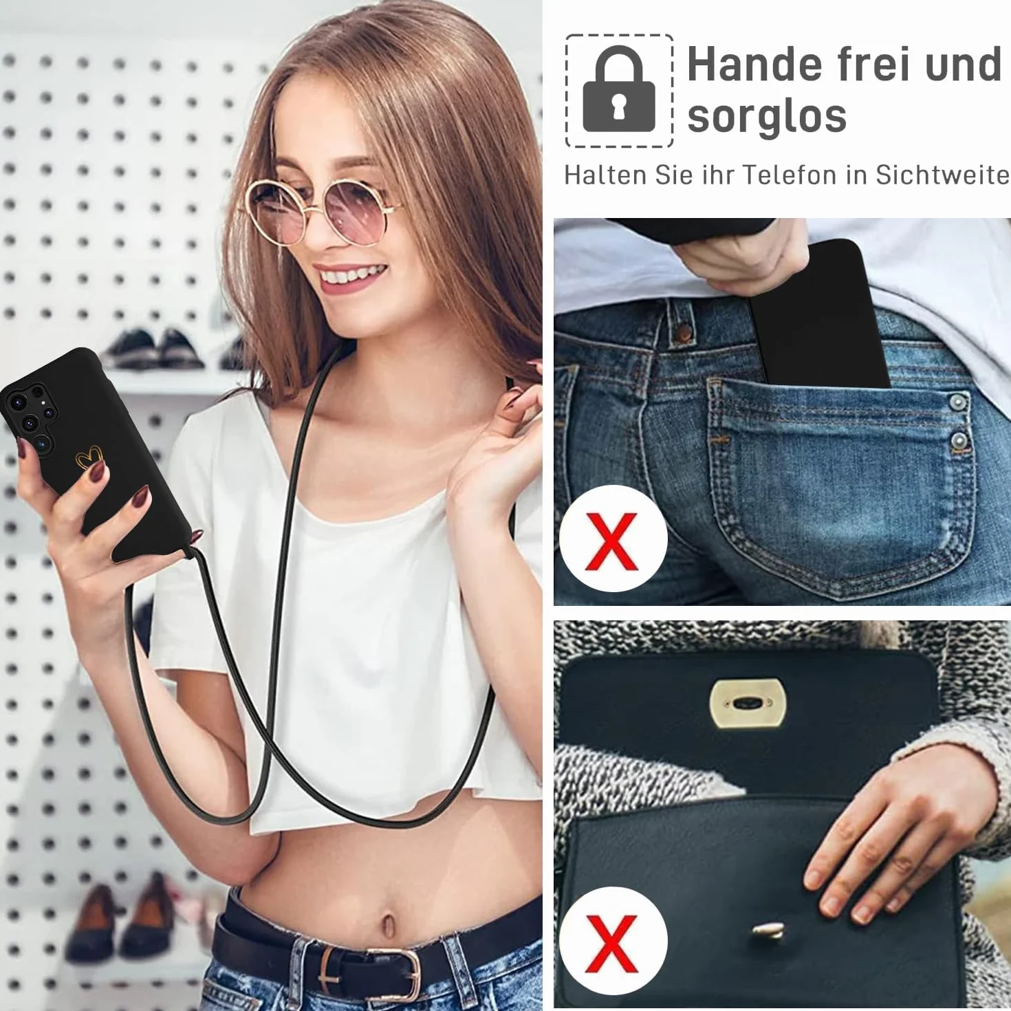 Pasek na telefon komórkowy Samsung Galaxy S24 Ultra, etui z paskiem, złote serce, cienkie, odporne na uderzenia etui ochronne, ze zdejmowanym sznurkiem do zawieszenia, płynne etui na telefon