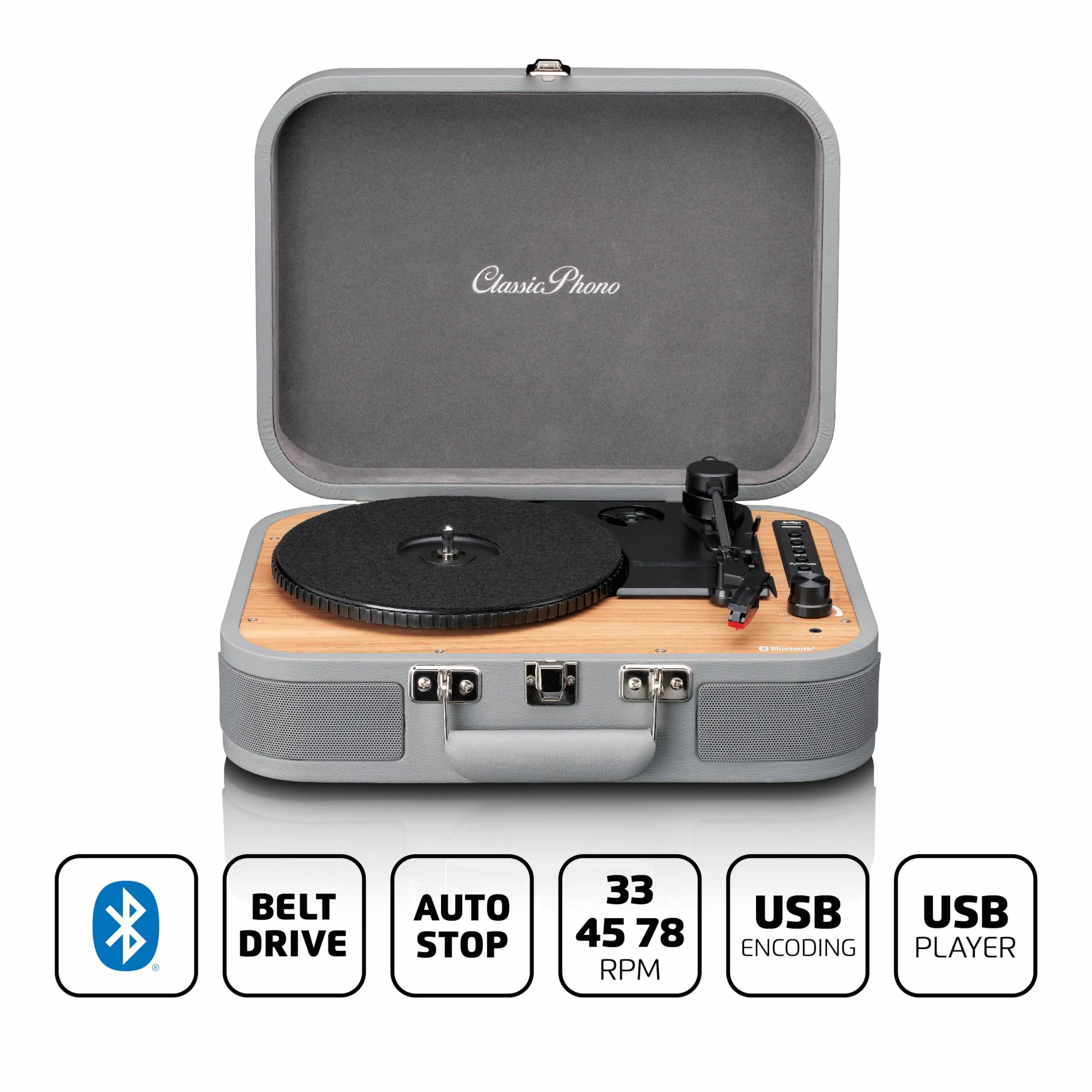 Lenco Gramofon Classic Phono TT-116 Bluetooth z 3 prędkościami – 33, 45 i 78 obr./min – winylowy gramofon w stylu vintage – wyjście RCA – głośnik stereo – szary | Gramofon Classic Phono TT-116 z głośnikiem i Bluetooth - gramofon
