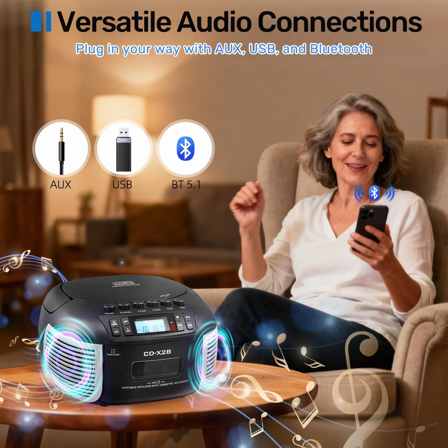 Zestaw odtwarzaczy CD i kasetowych, odtwarzacz CD Boombox z radiem FM/Bluetooth/AUX/USB/nagrywanie taśmy, pilot zdalnego sterowania, gniazdo słuchawkowe, wyświetlacz LCD, podwójny dźwięk