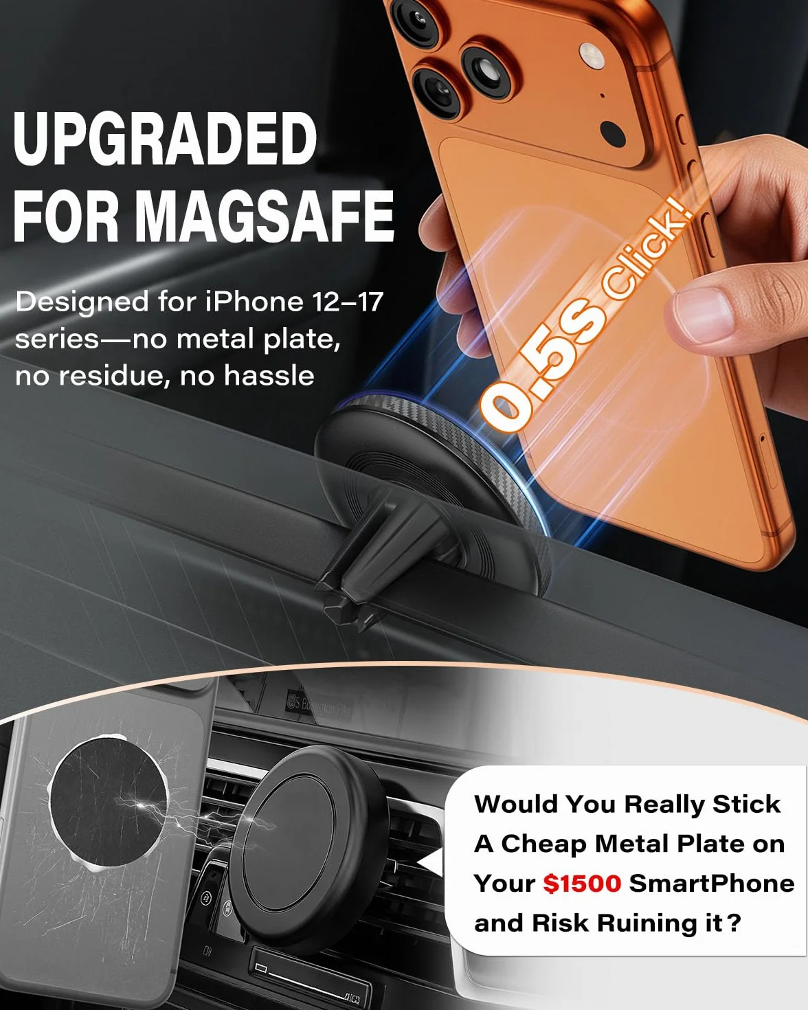 A2C Magsafe uchwyt samochodowy na telefon komórkowy do wentylacji [17*N54 Magnet & Ultra-Stabilny] uniwersalny magnetyczny uchwyt samochodowy do kratki wentylacyjnej, uchwyt samochodowy na telefon