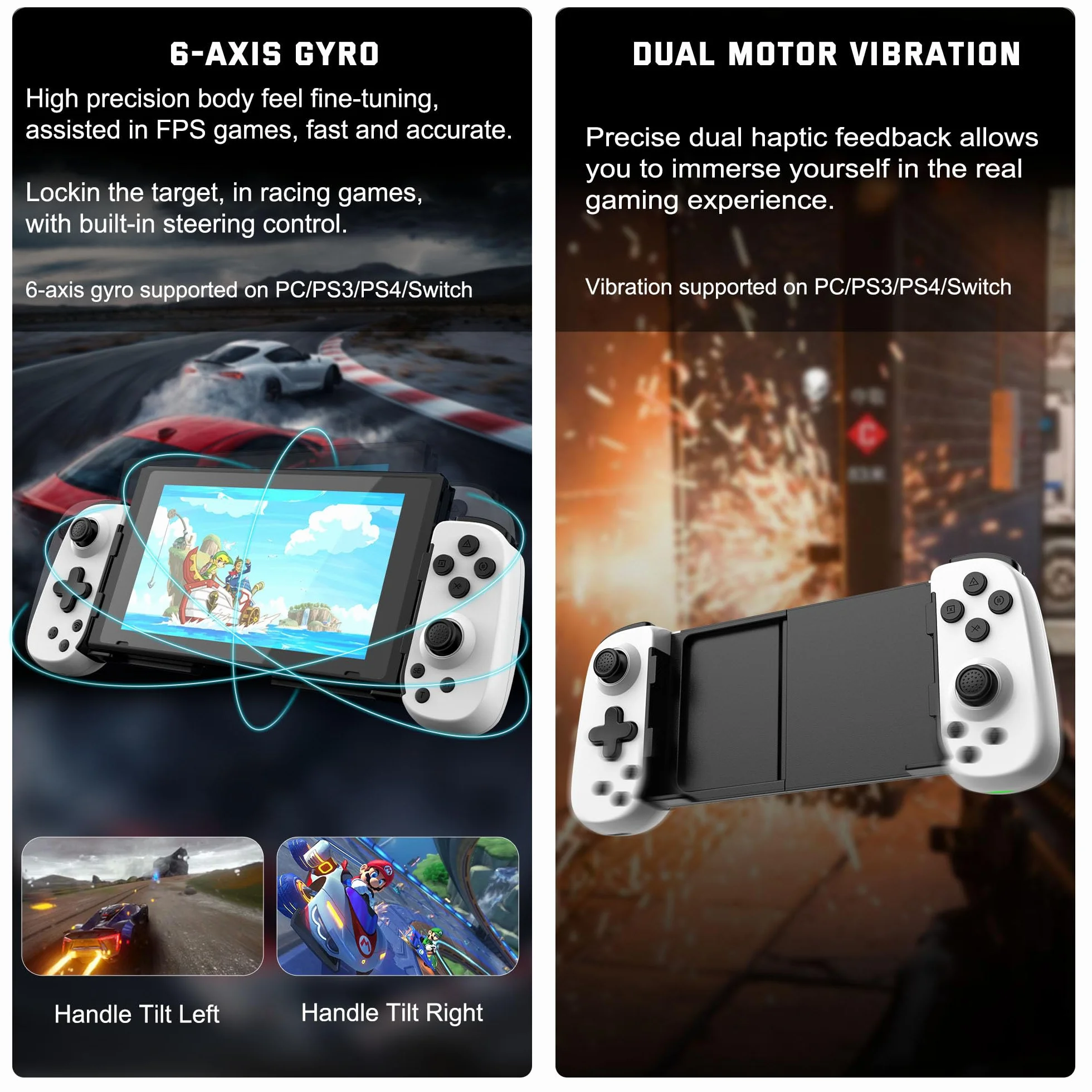 Joso Mobilny kontroler do gier do iPhone/Android/PC/Switch/PS4/PS3, Bluetooth Gamepad Joystick z turbo/6-osiowym żyro/ wibracjami, Play Call of Duty, Roblox, Genshin Impact, Cloud Gaming, gra zdalna