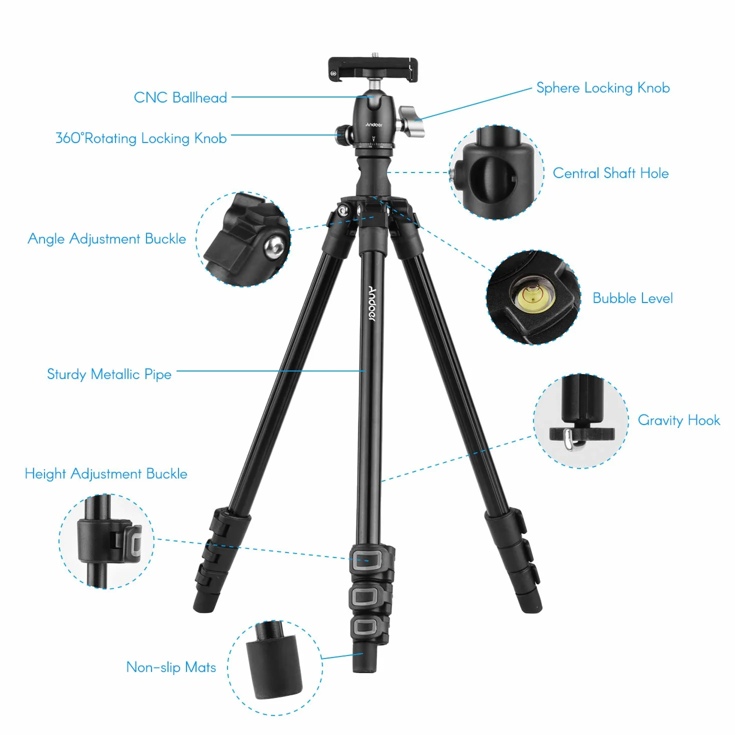Andoer Q160H statyw do aparatu fotograficznego, poziomy, profesjonalny statyw podróżny z panoramiczną głowicą kulową 360°, uchwyt na telefon, pilot zdalnego sterowania, do lustrzanek cyfrowych, smartfonów, kompatybilny z Canon Nikon Sony