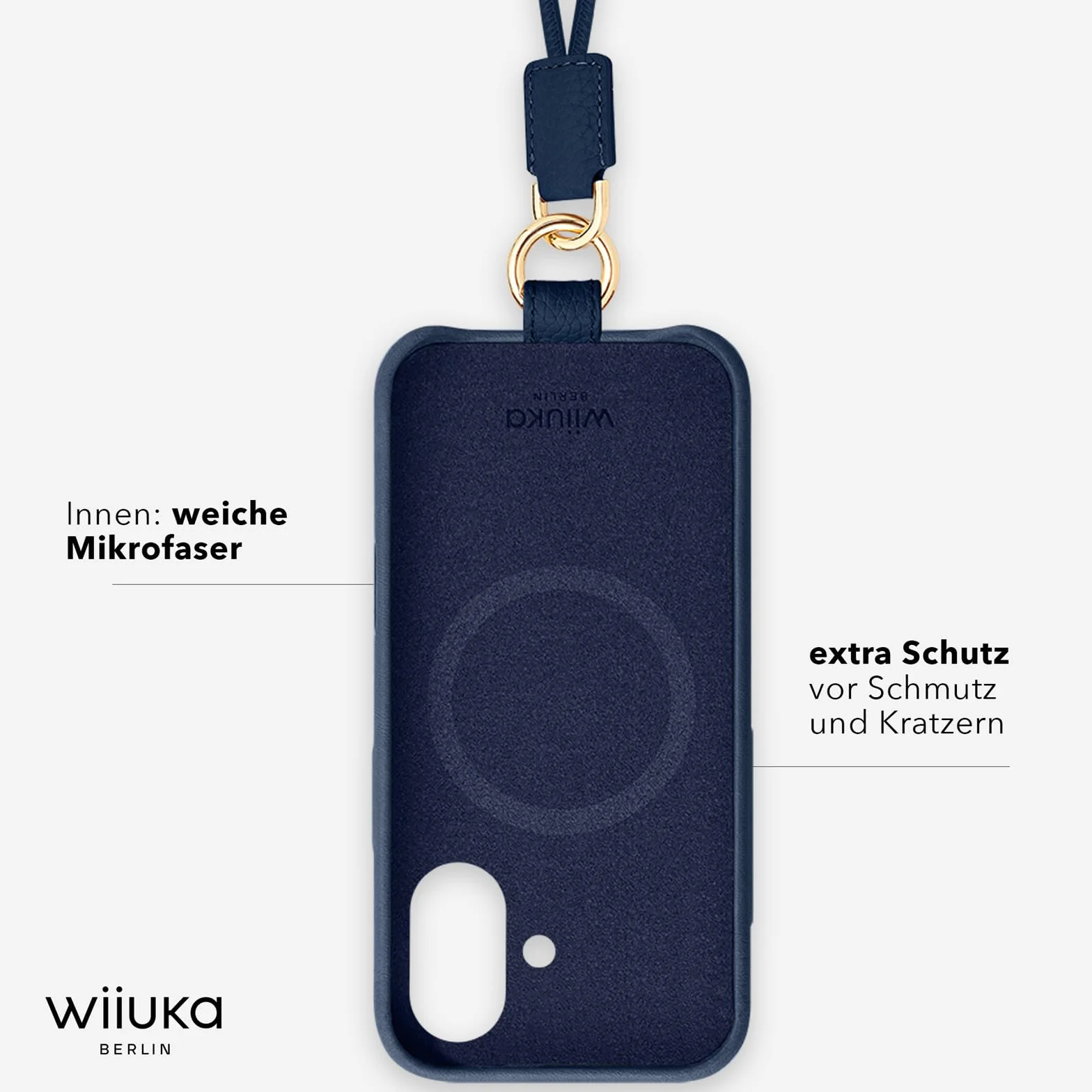 WIIUKA Etui do iPhone 17, skórzane etui z Niemiec, skórzane etui na telefon komórkowy, wysokiej jakości etui na telefon komórkowy, etui, łańcuszek, pętla narciarska, ciemnoniebieskie niebieskie