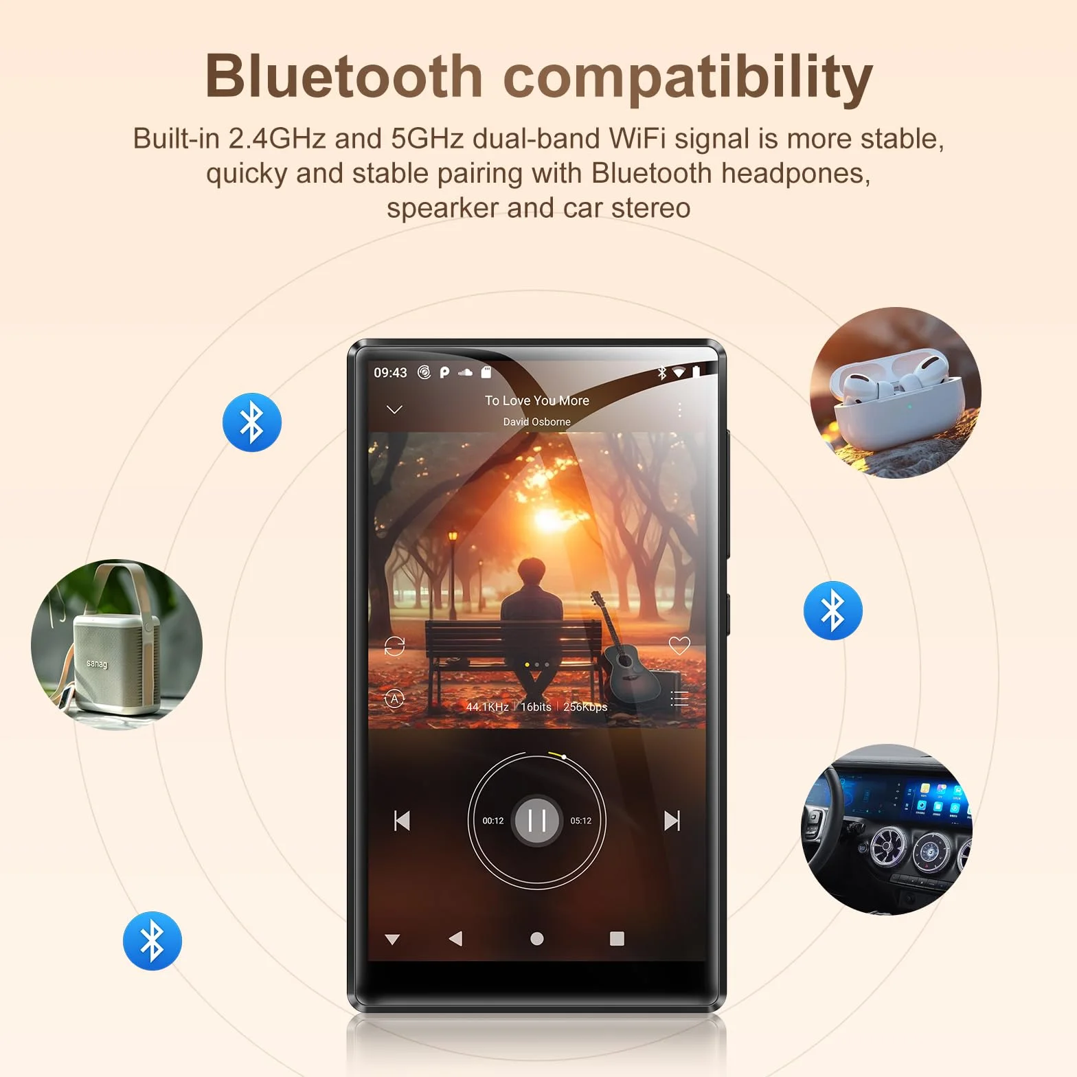 SWOFY Odtwarzacz MP3 z ekranem dotykowym 96 GB, 5 cali, Bluetooth 5.0, 2500 mAh, dwuzakresowa sieć Wi-Fi, Android 13.0, dźwięk HI-FI, wstępnie zainstalowany Spotify & Amazon Music E-book Reader