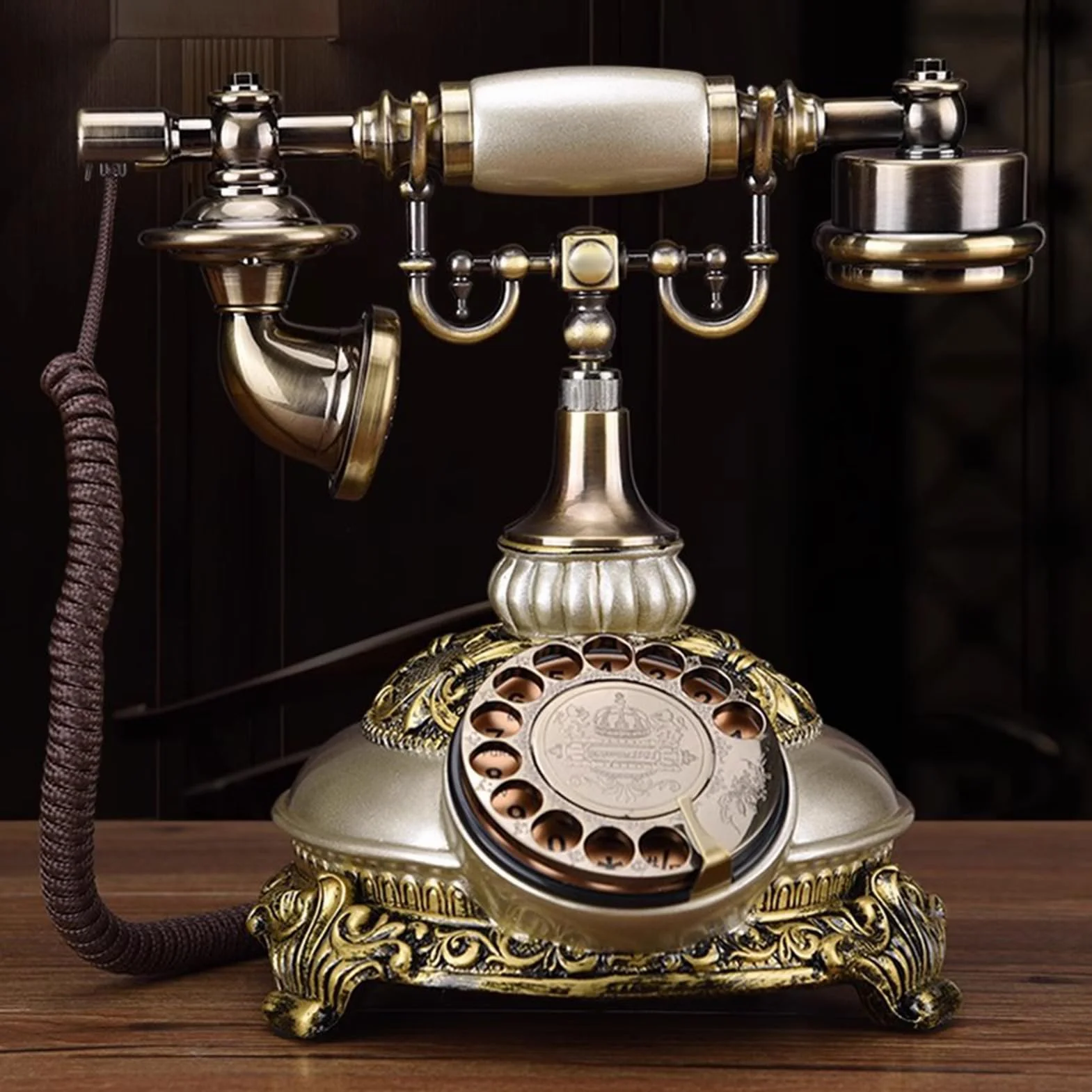 Vintage telefon przewodowy, telefon stacjonarny z tarczą retro, biurko do dekoracji hotelu w biurze domowym(Silver)