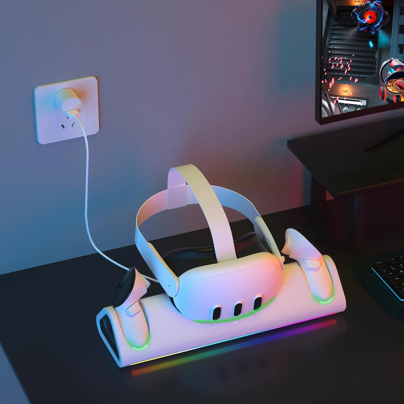 Stacja ładująca do Meta Quest 3, zestaw słuchawkowy i kontrolery, magnetyczny stojak ładujący, kontrolery dotykowe, wskaźnik LED