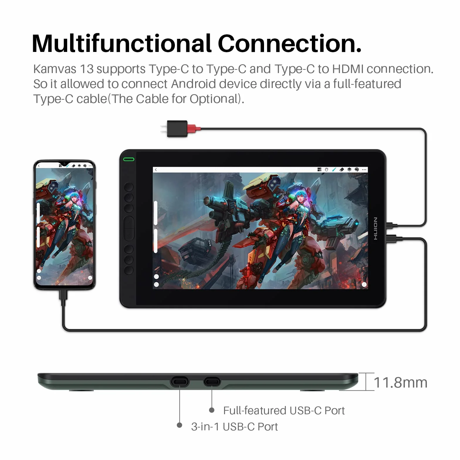 HUION Kamvas 13 tablet graficzny z ekranem, 13,3-calowy zielony monitor do rysowania, w pełni laminowany ekran, 120% sRGB, PW517, obsługa urządzenia z systemem Android, idealny do pracy w domu i nauki