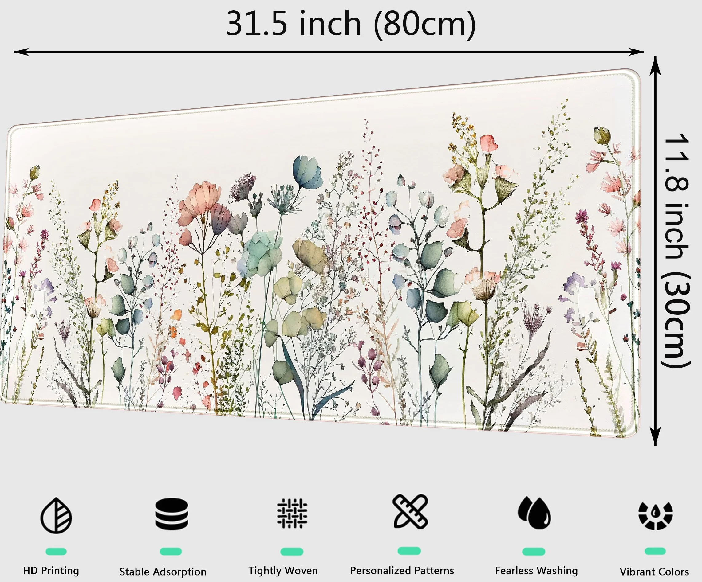Urocza podkładka na biurko z dzikimi kwiatami, estetyka boho, XL, duża rozszerzona podkładka gamingowa z obszytymi krawędziami, 80 × 30 cm, mata pod mysz i klawiaturę do laptopa, dla kobiet, dekoracja