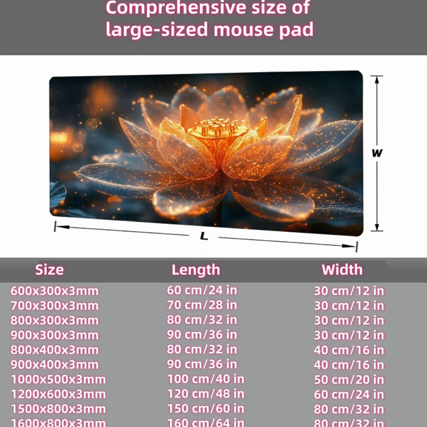Podkładka pod mysz Lotus 1600x800x3mm duża podkładka pod mysz, fantazyjna podkładka pod mysz dla graczy, szyte krawędzie, antypoślizgowa gumowa podstawa, podkładka pod klawiaturę i mysz, do akcesoriów