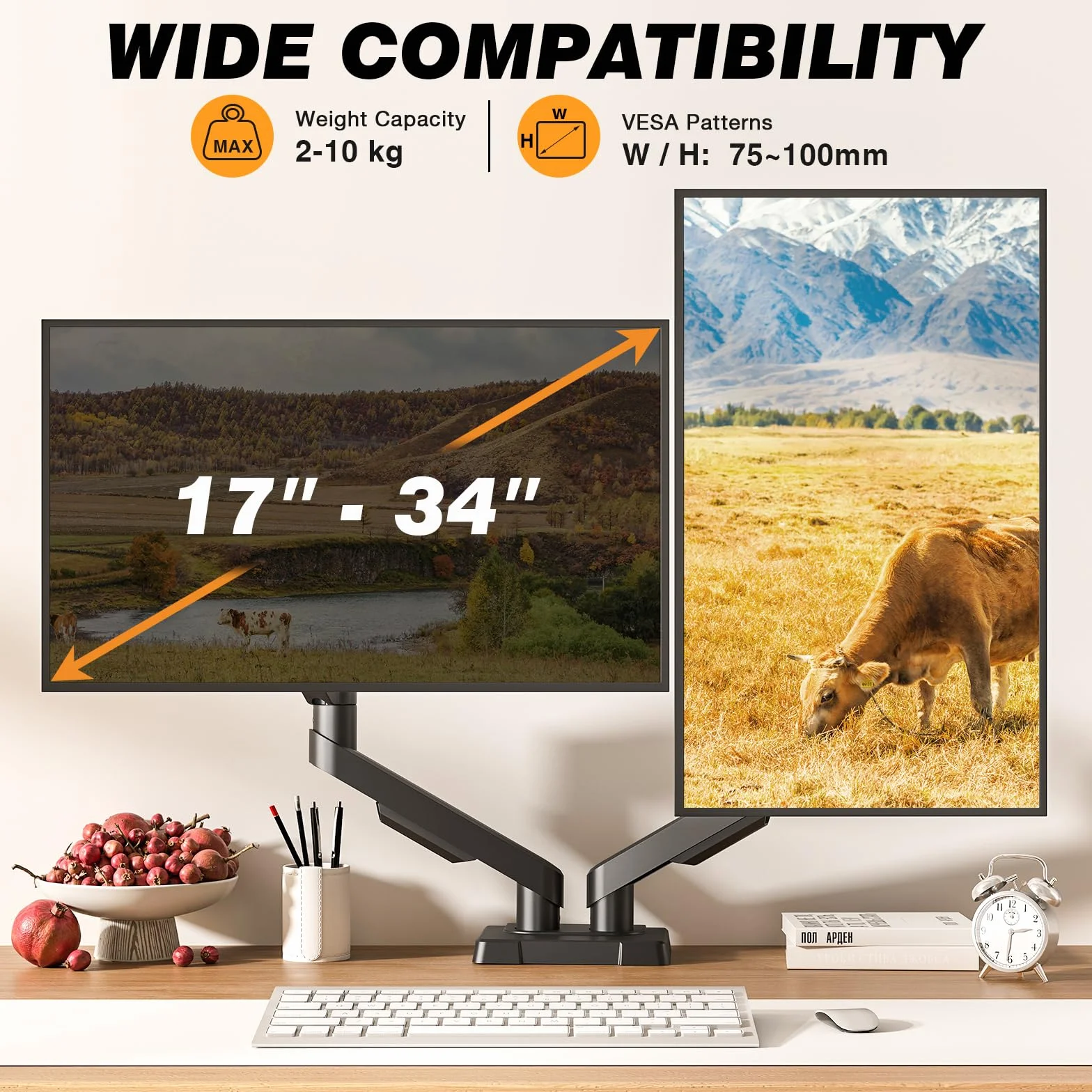 TVON Podwójne ramię monitora Uchwyt Ekranu 17-35 "Montaż na ławce Wysokość 2-10 kg Ekran pochylenia Obrót VESA 75/100 mm do biura domowego