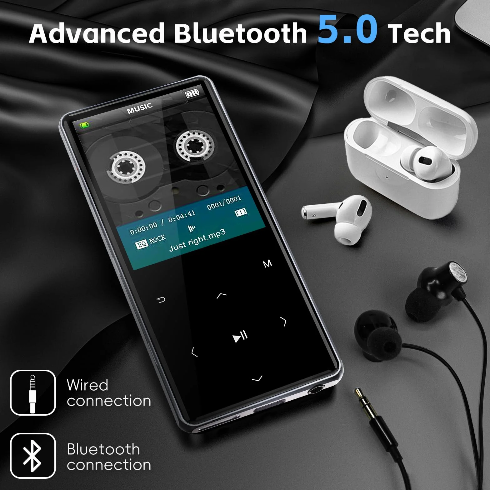 HIFI WALKER Odtwarzacz MP3 M7 – 128 GB, Bluetooth 5.0, ekran dotykowy 2,4 cala, odtwarzacz muzyczny z głośnikiem, mini rejestrator głosu ze słuchawkami, przyciskami dotykowymi, przeglądarką zdjęć
