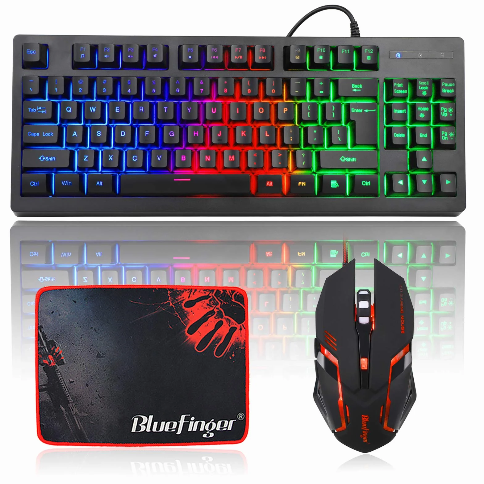 RGB 87 klawiszy, klawiatura do gier i podświetlana mysz, BlueFinger USB przewodowa klawiatura tęczowa, zestaw klawiatury do gier, do laptopa, komputera, komputera, gier i pracy