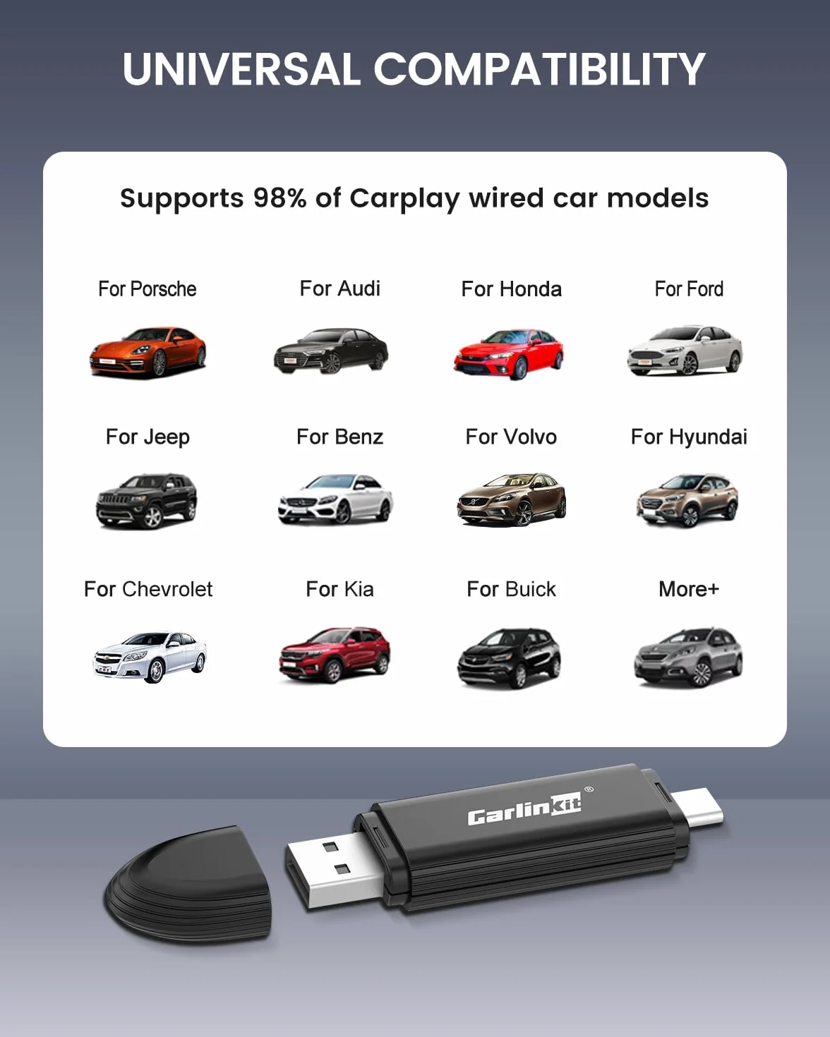Carlinkit draadloze CarPlay-adapter, voor auto's met ingebouwde Car Play, voor VW Audi Volvo Renault Opel Citroen Toyota Peugeot KIA Hyundai (Modeljaar: 2016 tot 2025), Ondersteuning IOS11 + en firmwa