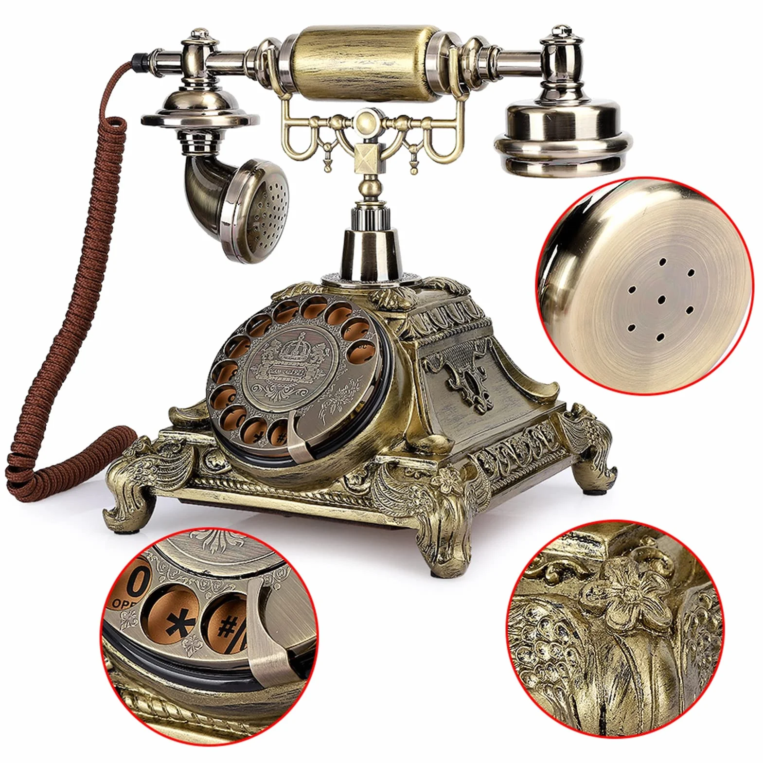 Przewodowy Telefon Stacjonarny - Staroświecki Zabytkowy z Antykami, Klasyczna Europejska Tarcza Obrotowa Retro do Wystroju Biura Domowego