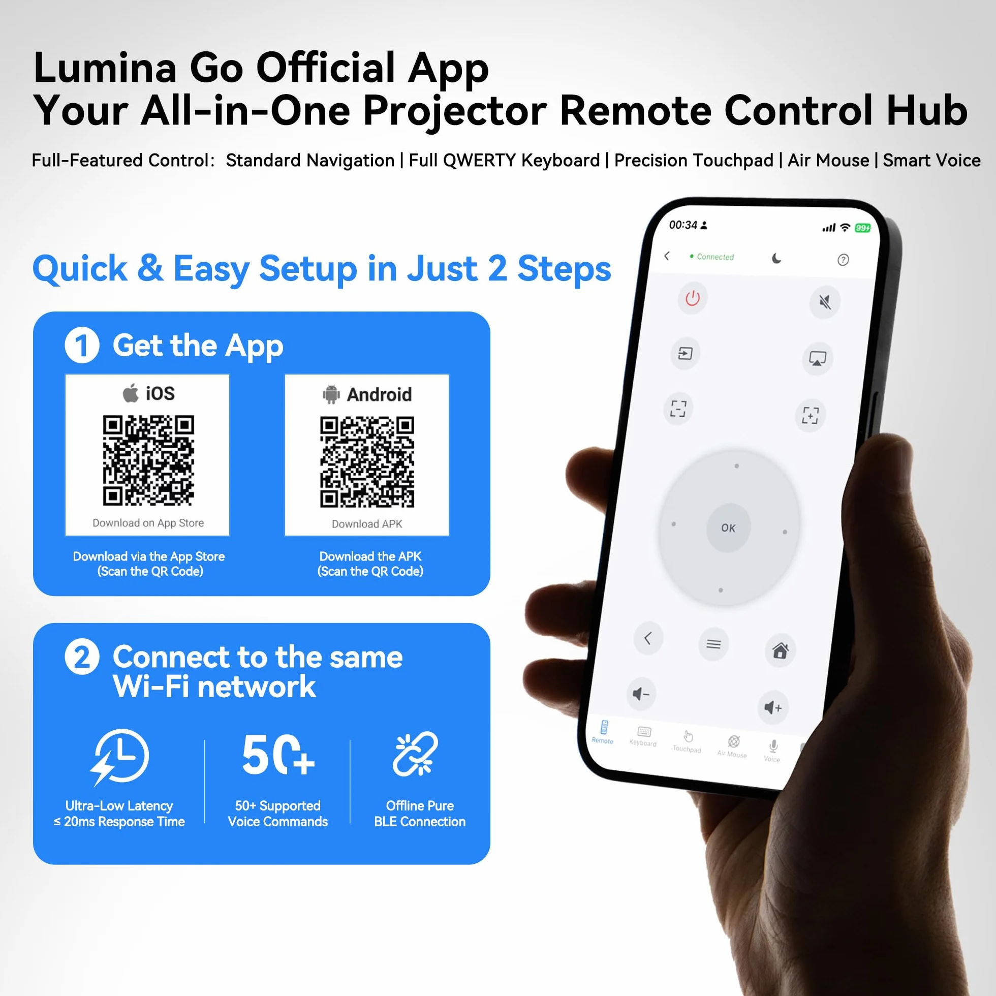 Mini projektor ze zintegrowanym WiFi i Bluetooth, Android 11, 1080P 4K, przenośny projektor z obrotem 180°, wersja HY300pro+ do użytku domowego i zewnętrznego LYNCAST OptiBarrel 500