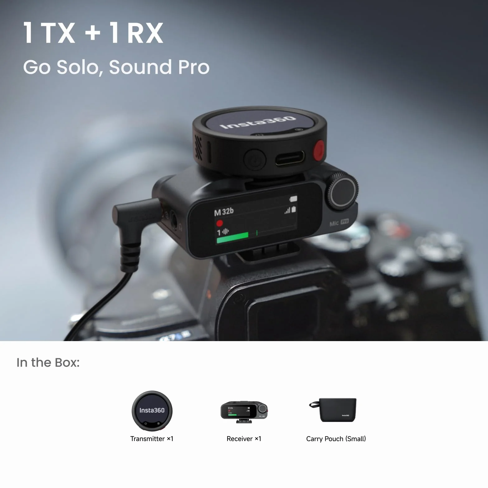 Insta360 Mic Pro (1 TX + 1 RX), bezprzewodowy mini mikrofon do iPhone'a/aparatu/Androida, nagrywania wideo, Bluetooth, konfigurowalny wyświetlacz E-Ink, matryca 3 miks, dostępny dla Lightning