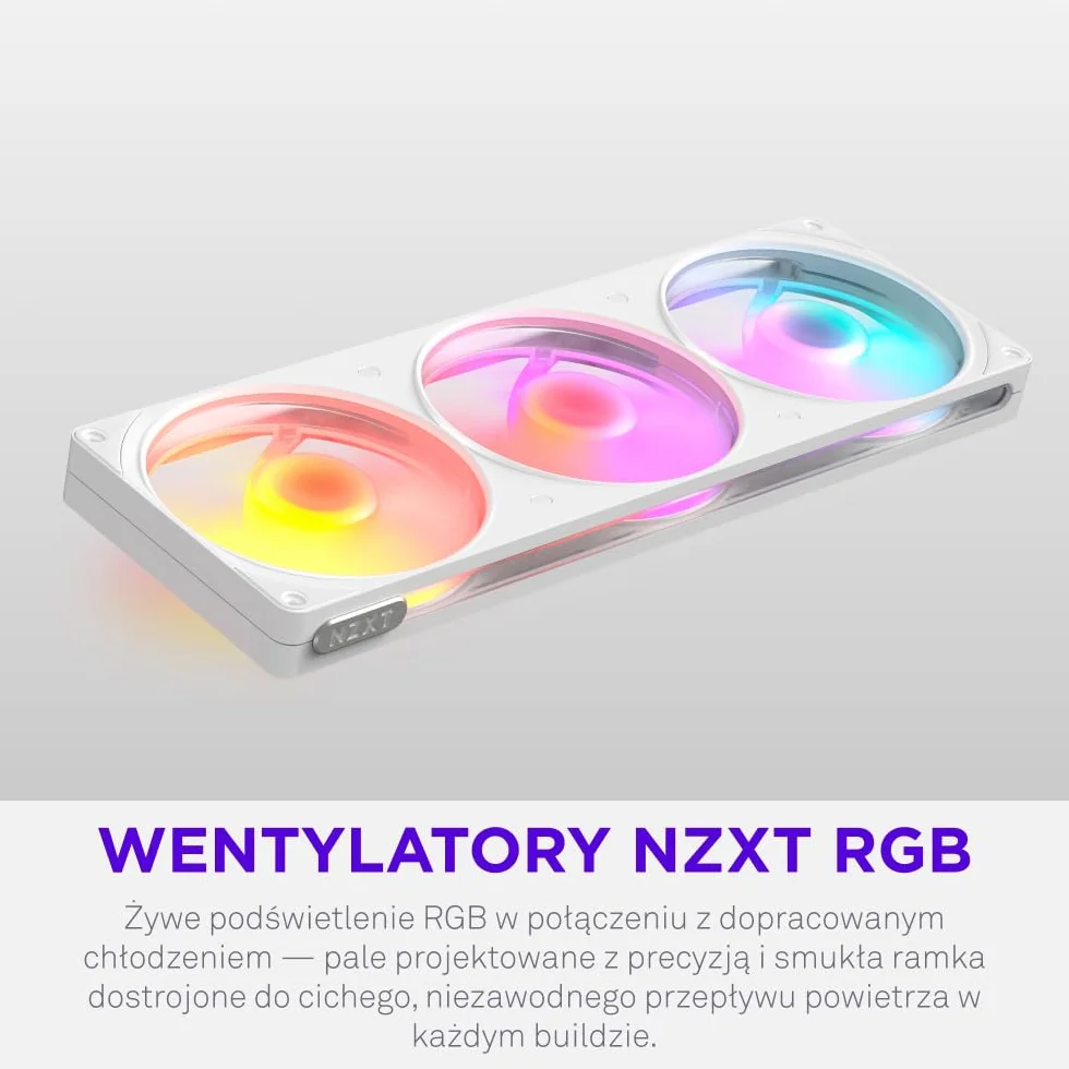 NZXT F360 RGB - Wentylator RGB PWM single-frame 360mm - Biały | Zestaw single-frame 360mm z trzema wentylatorami PWM RGB 120mm. Żywe RGB i łożyska hydrodynamiczne dla cichego chłodzenia.