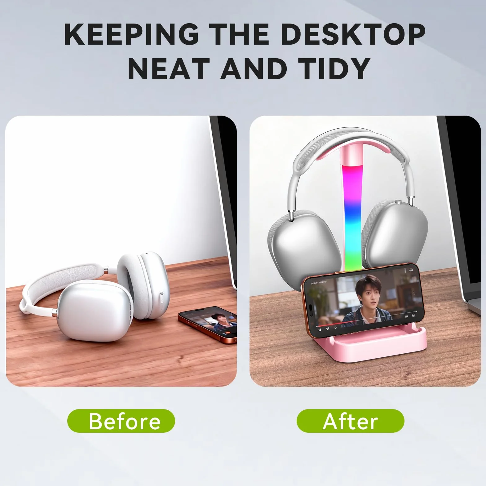 Stojak na słuchawki z ładowarką, stojak na słuchawki gamingowe z trybem światła RGB, do stojaka Airpod Max, lampy biurkowej, uchwytu na tablet, organizer na biurko, prezenty dla graczy i
