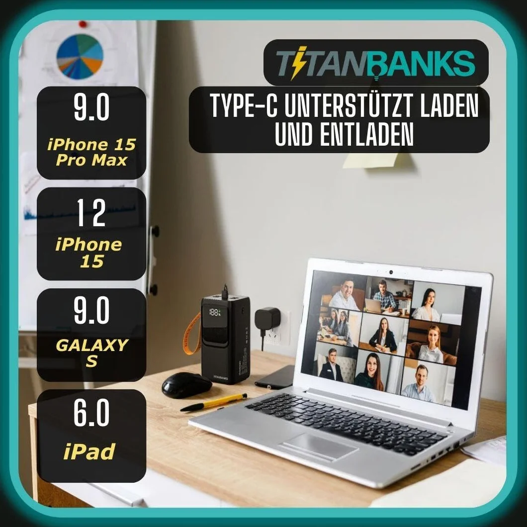 Titan X powerbank 50000 mAh 22,5 W funkcja szybkiego ładowania z latarką, zewnętrzny akumulator do telefonu komórkowego i tabletu, 5 wyjść i 3 wejścia