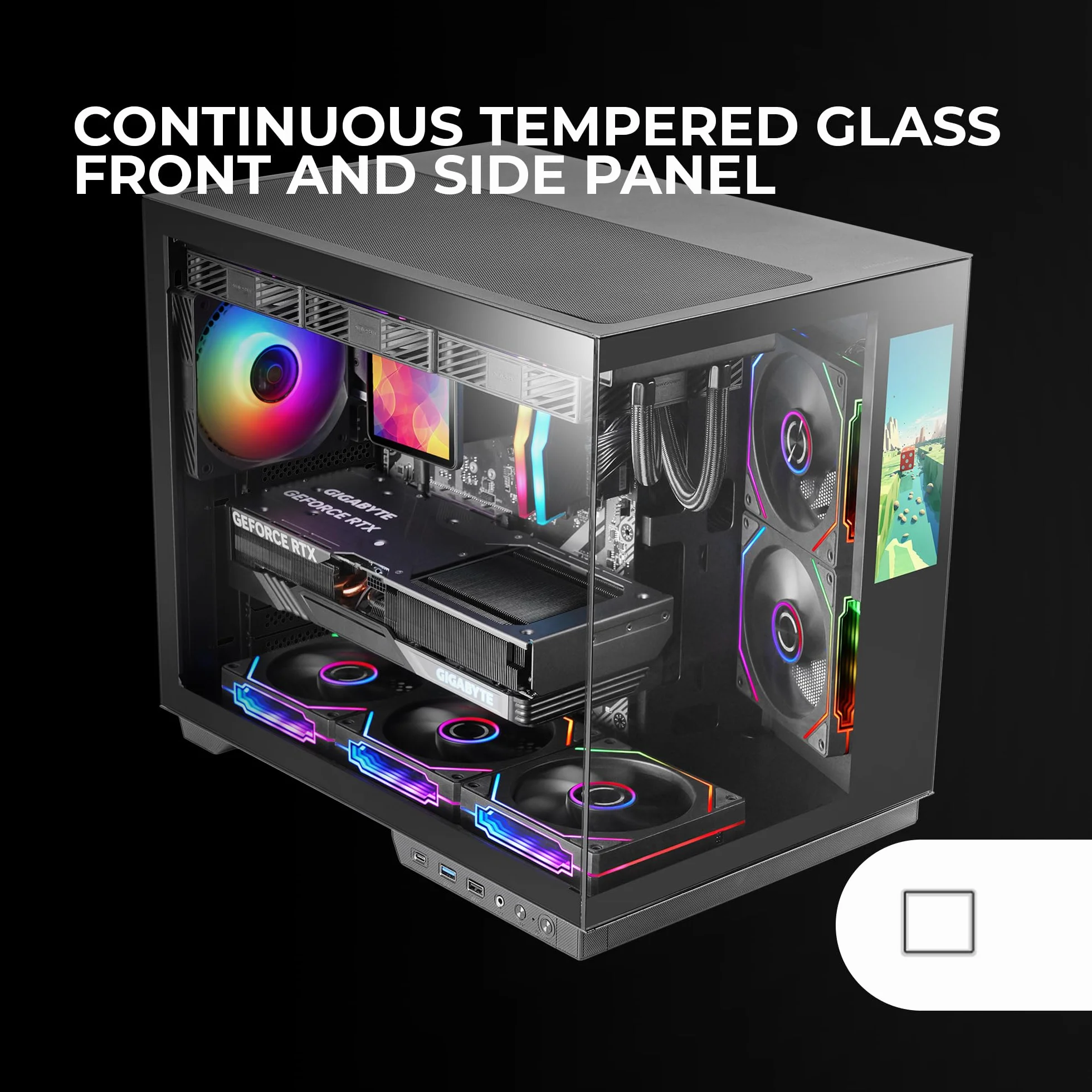 Mars Gaming MC-MIRAGE, Obudowa Gamingowa ATX, Ekran LCD IPS 7,2” Personalizowany, Ciągły Szkło Hartowane Przedni i Boczny Panel, Struktura Podwójnej Komory, Wsparcie Chłodzenia Cieczą 360mm, Czarny