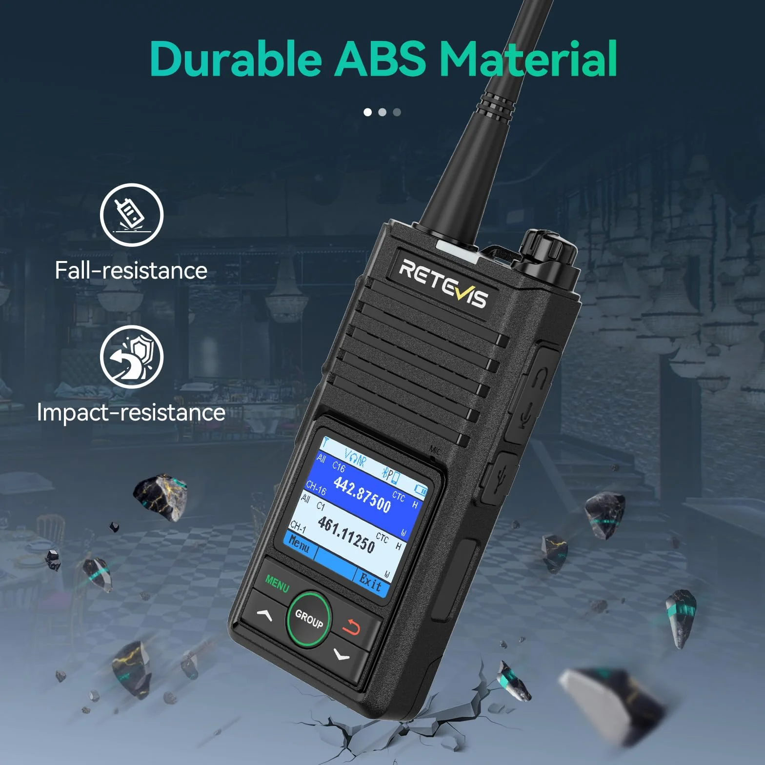 Retevis RB658 Walkie Talkie Bluetooth, Profesjonalne 2-Way Radio App Ustawienie, Połączenie Grupowe, 1800 mAh USB C, IP54, do Sprzedaży Detalicznej (4 Paczki, Czarny)
