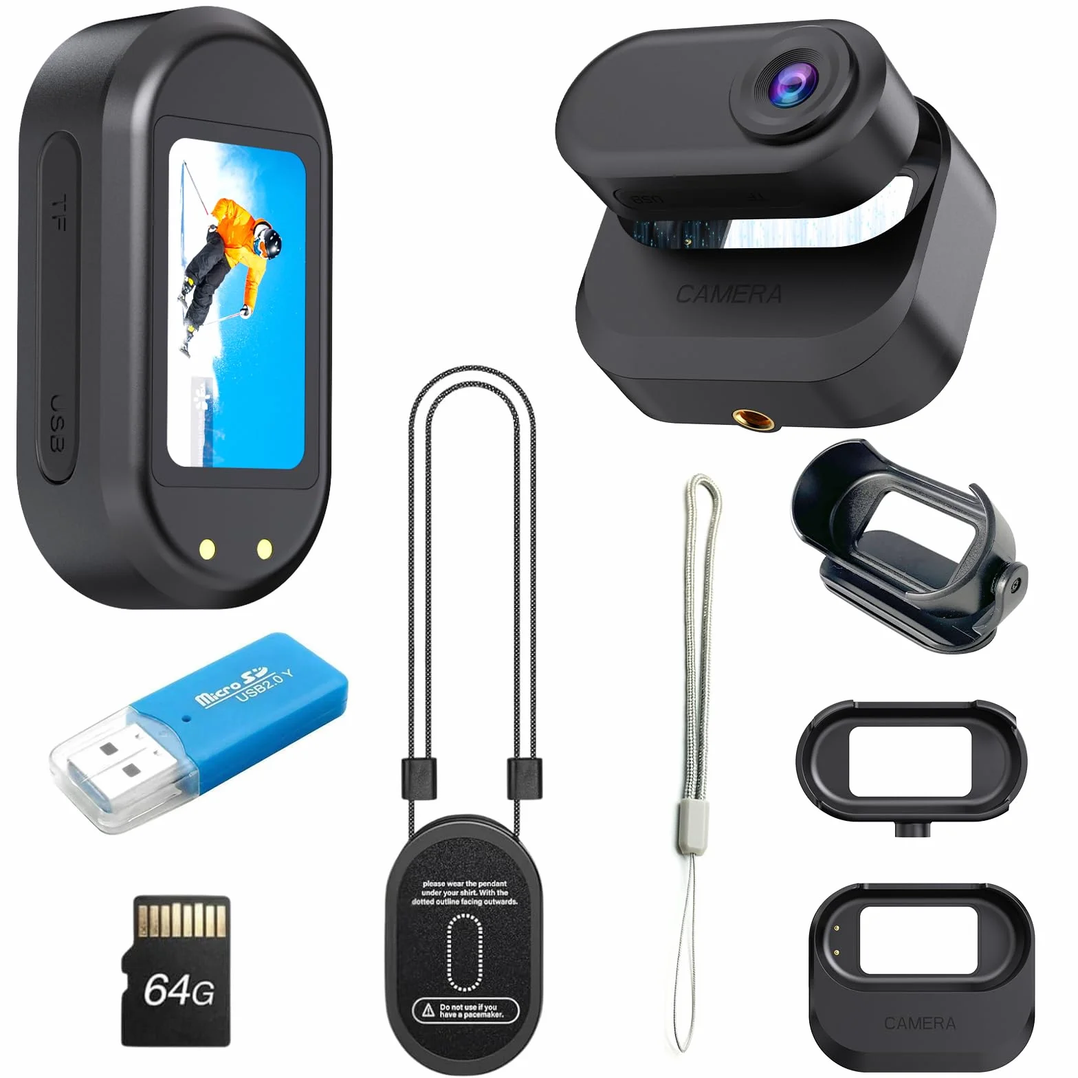 Mini Action Cam, 64 GB przenośna kamera sportowa i magnetyczna ładowarka z baterią 1150 mAh, mała kamera 1080p z wielofunkcyjnymi akcesoriami do prezentów, vlogów, podróży, aktywności na