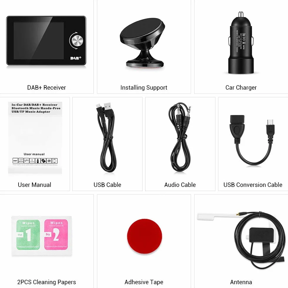 Przenośne radio cyfrowe DAB/DAB+, samochodowe, kolorowy wyświetlacz 2,8”, FM, Bluetooth, nieograniczone zapisy, zestaw głośnomówiący, wejście i wyjście AUX, czytnik kart TF 64 GB, ładowarka USB