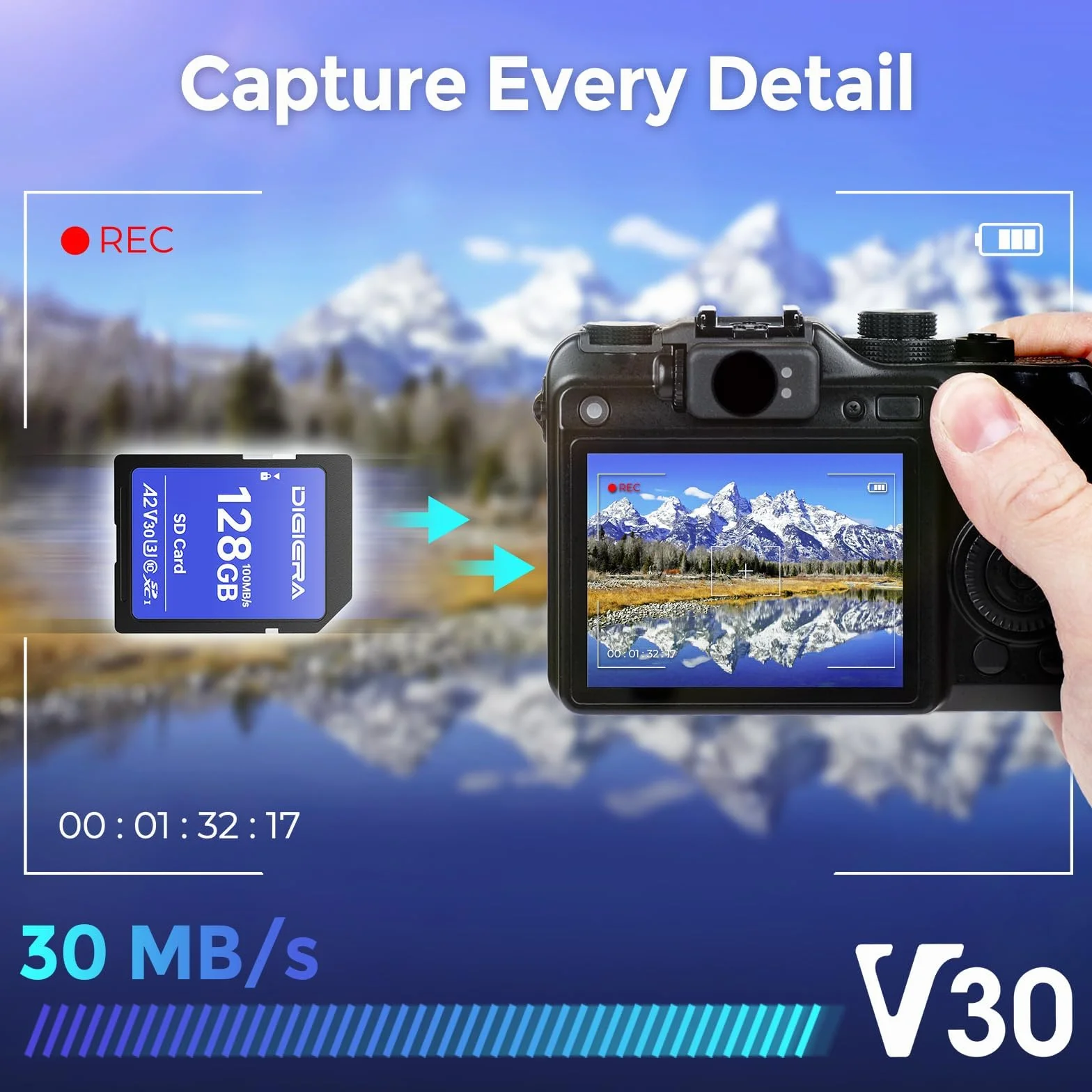 DIGIERA Karta pamięci 128 GB CS100 SDXC UHS-I – do 100 MB/s, C10, U3, V30, 4K UHD, karta SD do komputerów, aparatów cyfrowych, urządzeń kina domowego, systemy nawigacji samochodowej (2 sztuki)