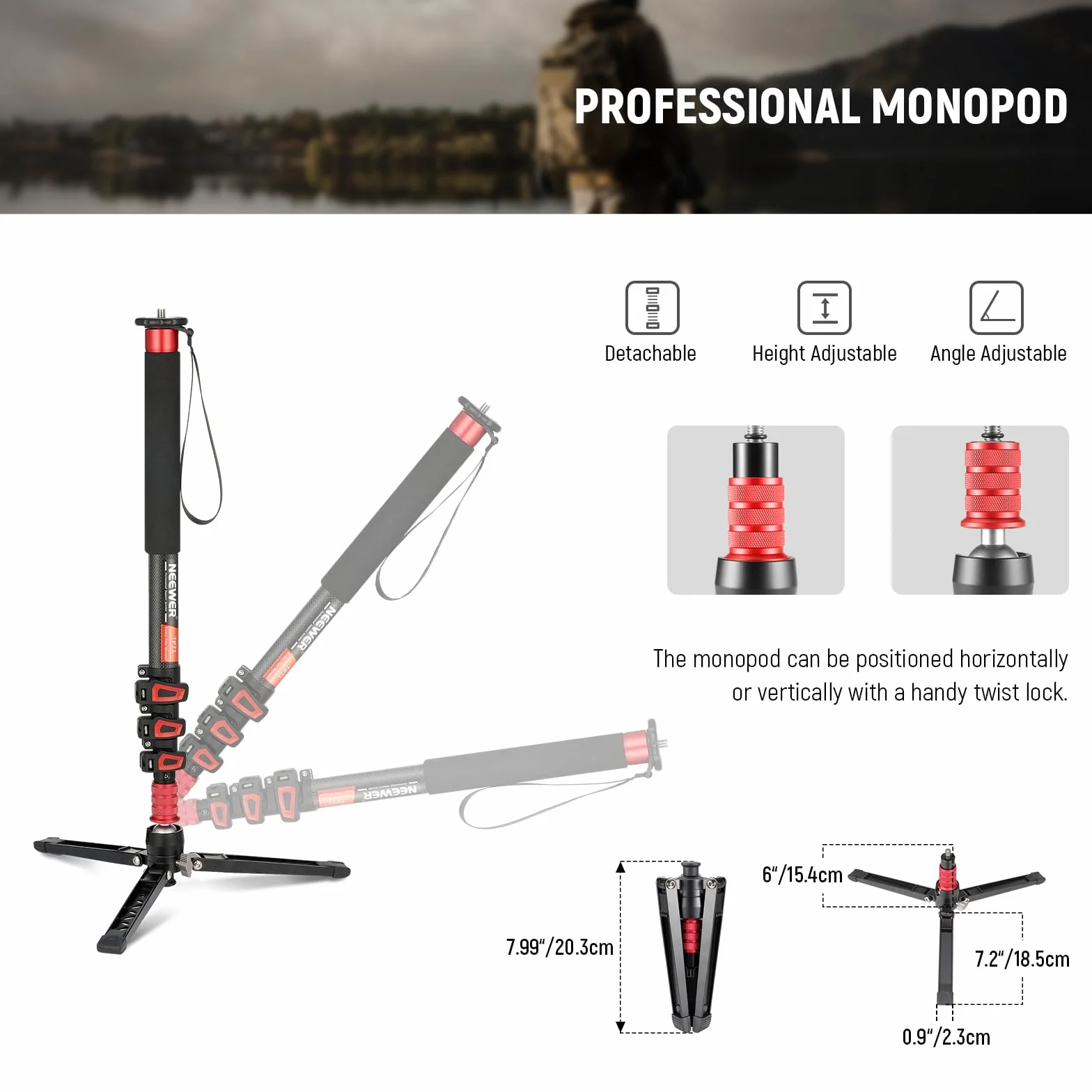 NEEWER Stojak na monopod na aparat 72 cali, lekki statyw podróżny z włókna węglowego z odłączaną podstawą do nagrywania wideo DSLR, teleskopowy kij trekkingowy, maksymalne obciążenie 6 kg, TP71