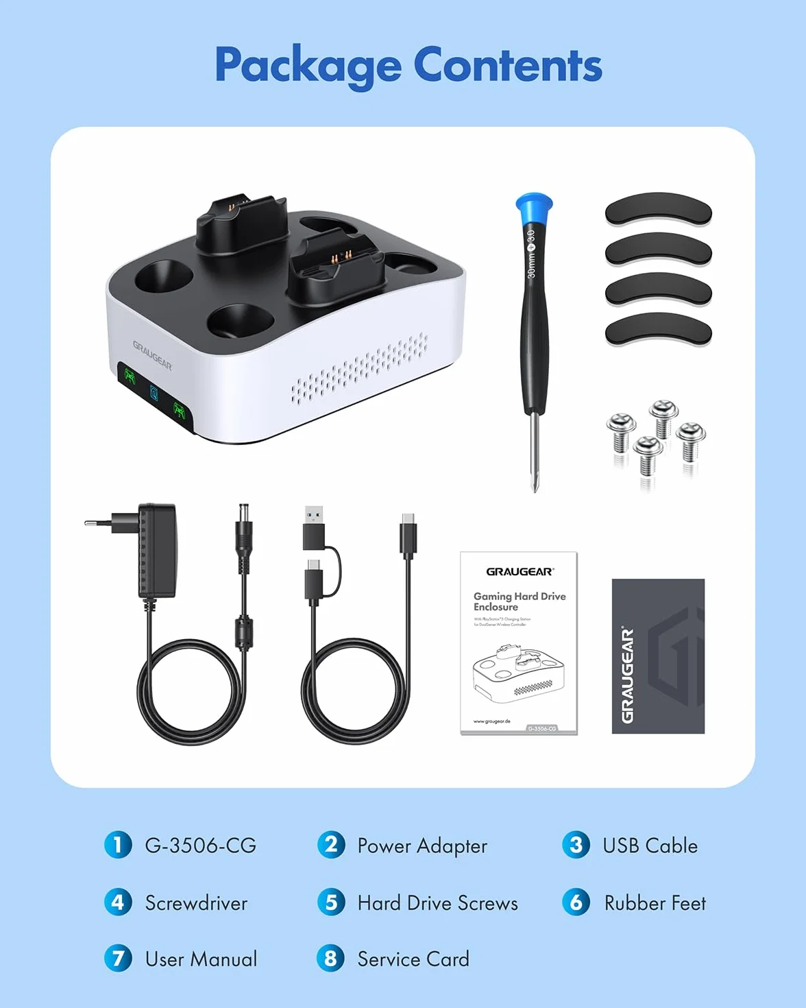 Zewnętrzna obudowa dysku twardego do Playstation5, stacja ładująca do dwóch kontrolerów PS5, do 3,5 cala HDD, kabel USB-C, z adapterem USB-A, zasilacz, G-3506-CG