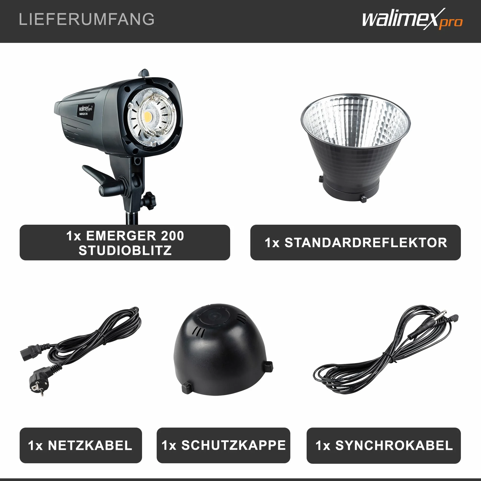 Walimex pro Emerger 200 studyjna lampa błyskowa – wydajna lampa błyskowa studyjna z odbiornikiem 2,4 GHz, 200 W, krótki czas ładowania, światło LED do regulacji, 16 kanałów i 4 grupy, kompaktowa i