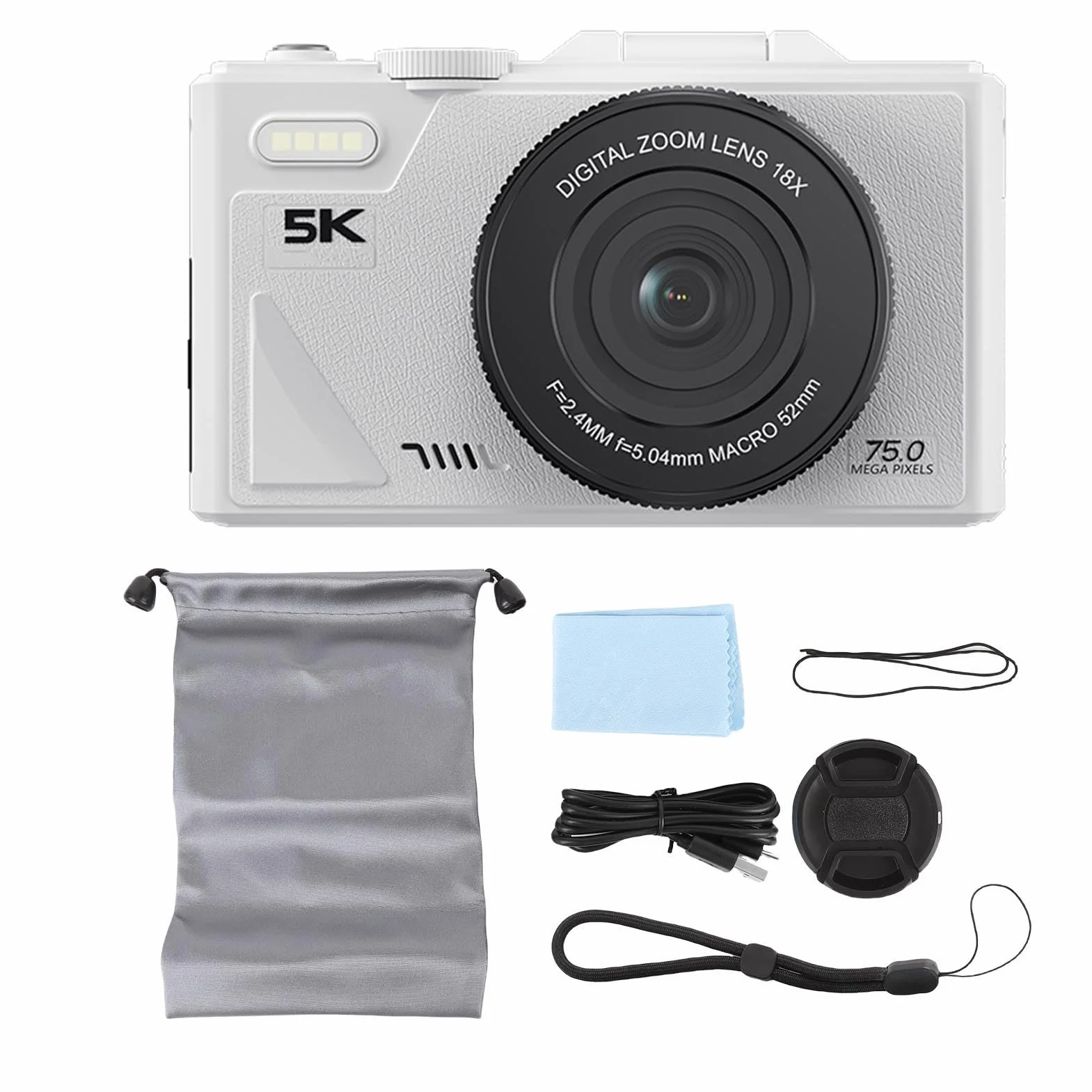 Fabater Cyfrowy Aparat Fotograficzny do Fotografii, 5K 75MP Autofocus Vlogging Camera, 3-calowy 180° Odchylany Ekran, 18-krotny Zoom Cyfrowy, Kompaktowe Aparaty Podróżne (WHITE)