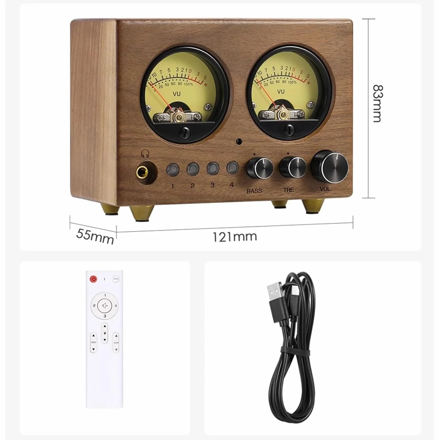 Selektor audio 4 wejścia/1 wyjście, przedwzmacniacz z umetrem, pilot zdalnego sterowania, regulacja wysokiej/medium/basy, wyjście słuchawkowe 3,5 mm, do komputera, wzmacniacza, głośnika