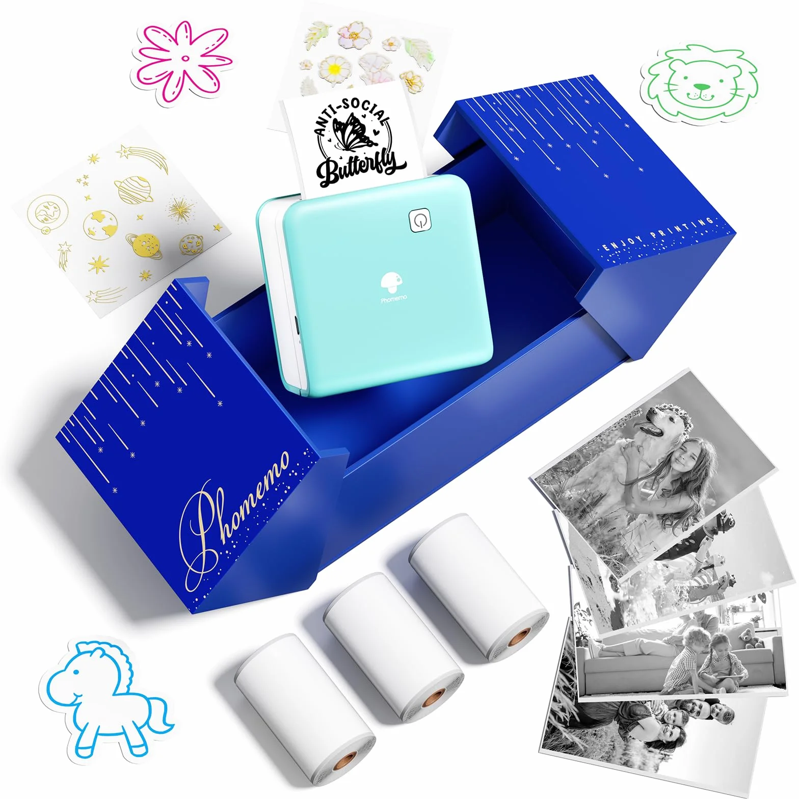 Phomemo P2S Mini drukarka fotograficzna, mini drukarka do smartfona, przenośna drukarka termiczna Bluetooth 300 dpi z 3 rolkami papieru kompatybilna z iOS i Androidem, do zdjęć, nauki, prezentu