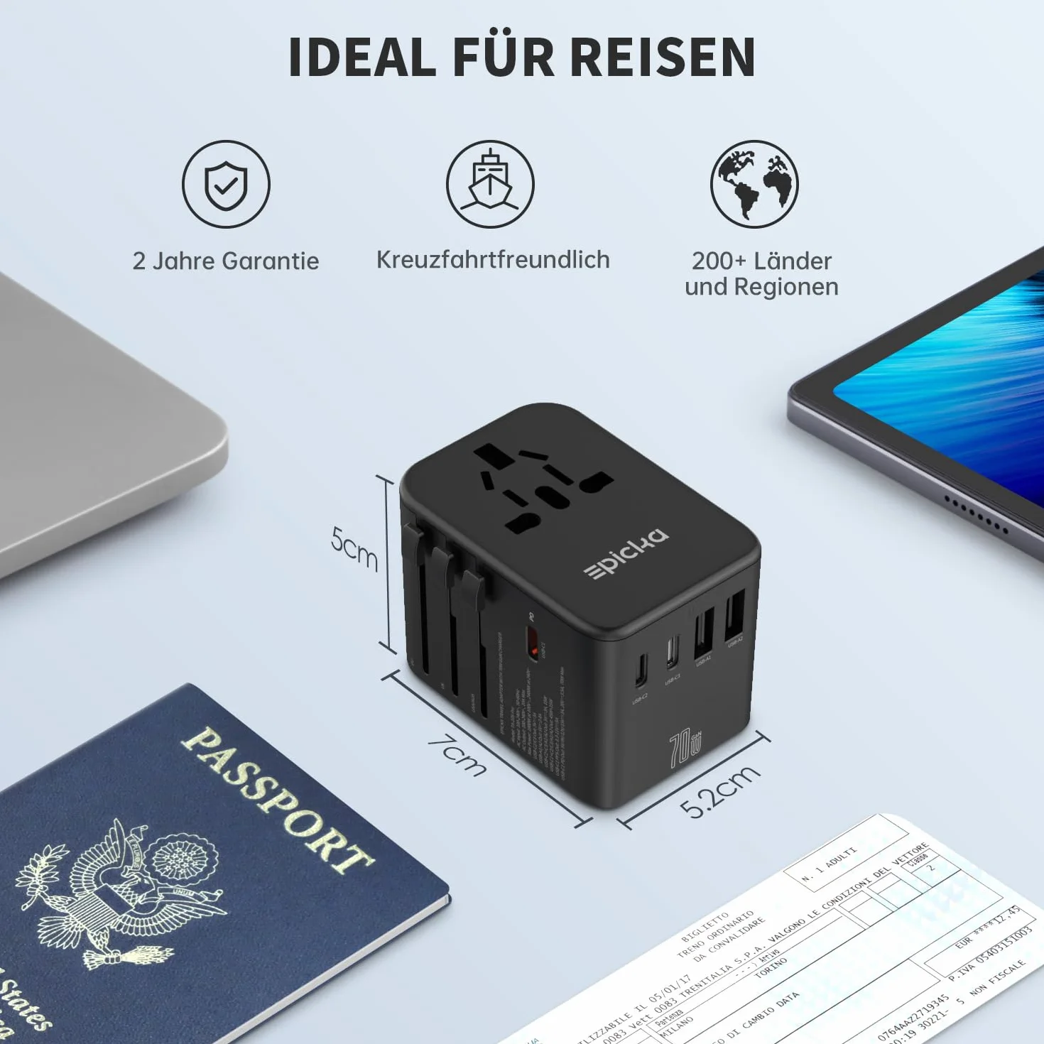 EPICKA GaN Adapter Podróżny, 70W PD Adapter Podróżny do Szybkiego Ladowania, Uniwersalna Adapter z 3 USB-C, 2 USB-A, Międzynarodowy Adapter do Gniazda do DE USA, UK, Japonii, Tajlandii