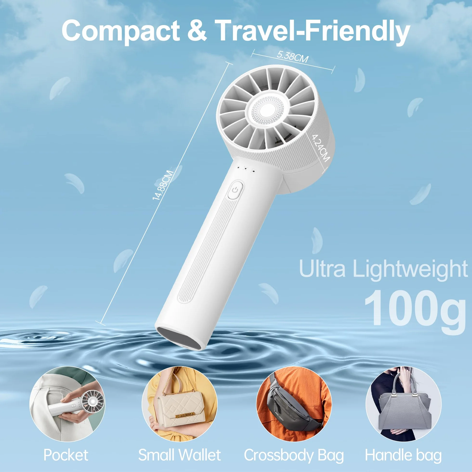 ITSHINY Mini wentylator, przenośny wentylator ręczny, wydajny wentylator ręczny, mini wentylator z ładowanym przez USB, konstrukcja z 4 prędkościami, lekki wentylator do domu, biura, podróży