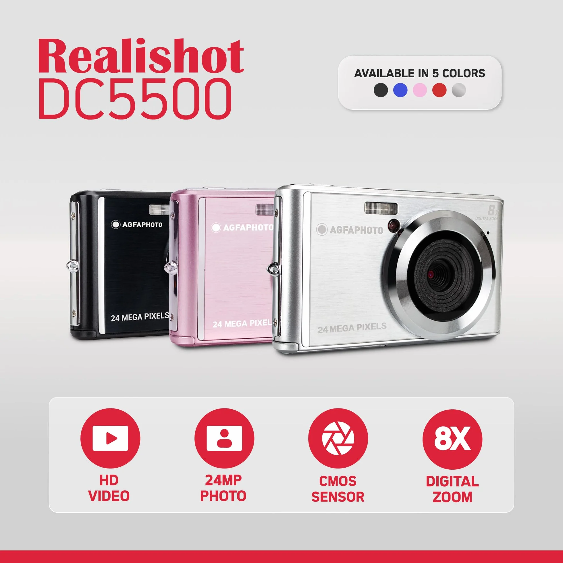 AGFA Realishot DC5500 - kompaktowy aparat cyfrowy, 24 MP, 2,4-calowy ekran LCD, 8-krotny zoom cyfrowy, wideo HD 720p, zewnętrzna pamięć SD, bateria litowa - czerwony
