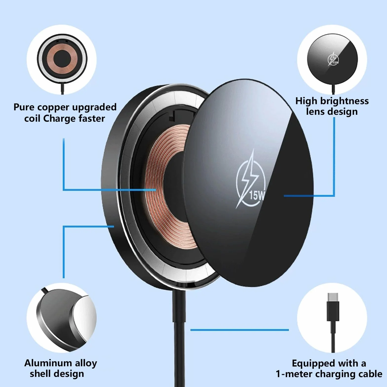 2 x magnetyczna ładowarka bezprzewodowa, 15 W, indukcyjna stacja ładująca, 1 m Mag-Safe, bezprzewodowa ładowarka do iPhone 17/16/15/14/13/12 i AirPods 4/3/2/Pro (czarna)
