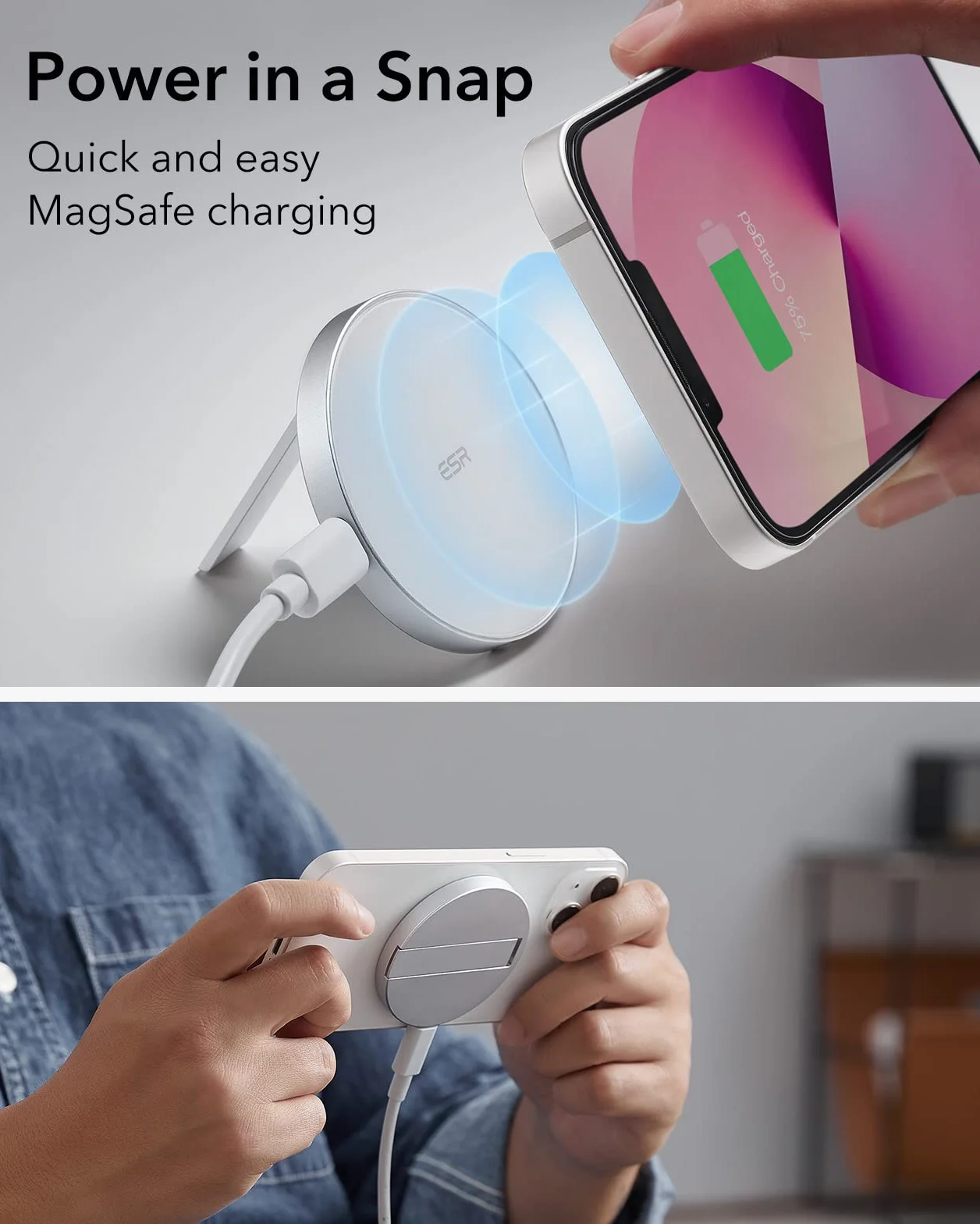 ESR Bezprzewodowa ładowarka do ładowarki MagSafe, ładowarka magnetyczna HaloLock, kompatybilna ze stojakiem MagSafe do serii iPhone 15/14/13/12, z wyjmowanym kablem 1,5 m, adapter nie jest dołączony,