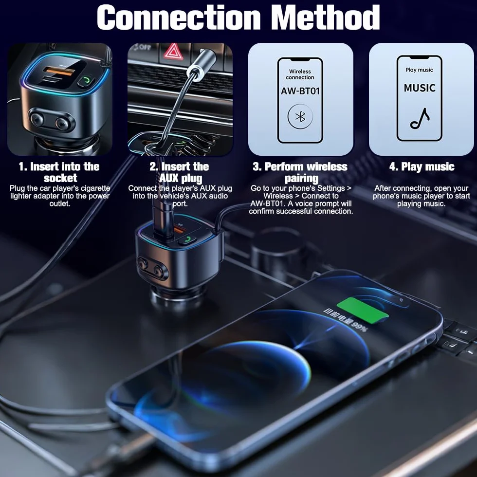 Aux Bluetooth Auto 5.4 adapter samochodowy Bluetooth Bluetooth z gniazdem AUX 3,5 mm, ładowarka samochodowa 42 W, szybkie ładowanie PD 30 W i QC 12 W, kabel sprężynowy 90 cm