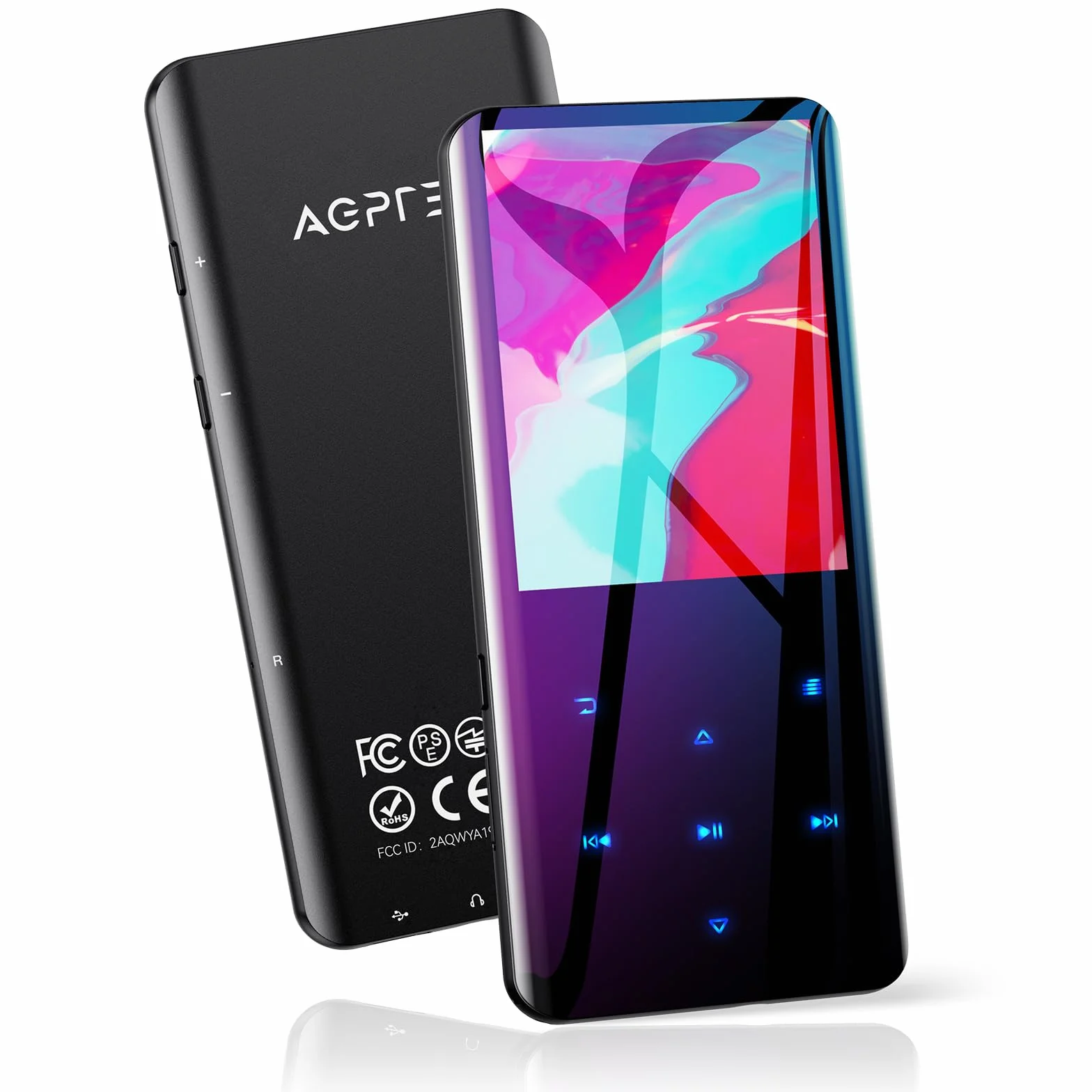 AGPTEK Odtwarzacz MP3 64 GB, Bluetooth 5.3, kolorowy ekran TFT 2,4 cala, muzyka HiFi z głośnikiem, przyciski dotykowe, radio FM, e-book, nagrywanie, timer snu, obsługa do 128 GB, czarny