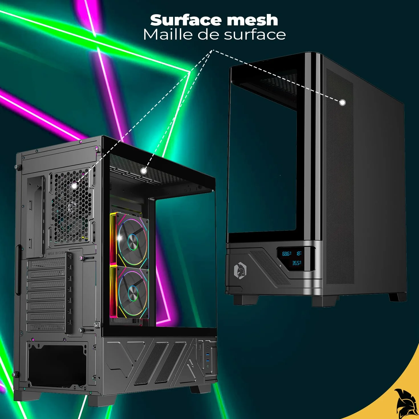 EMPIRE GAMING ECM252 Średnia wieża obudowa do gier - wbudowany cyfrowy wyświetlacz (temperatura procesora/GPU, RPM) - 3 wentylatory ARGB - kompatybilne z ATX, Micro-ATX, ITX - USB C (czarny)