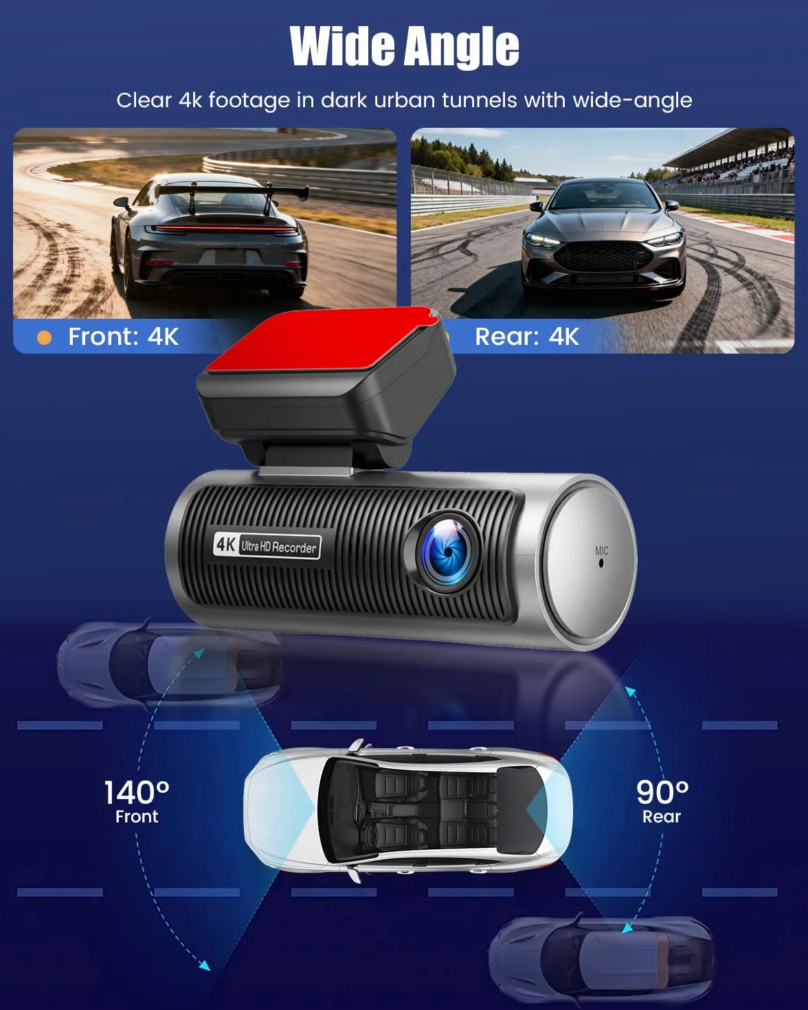 Kamera samochodowa 4K przód/tył, 2-kanałowy aparat samochodowy z kartą SD 64 GB, ekran dotykowy IPS 3,2", szeroki kąt, noktowizor, czujnik G, kamera Dash Cam WiFi z nagrywaniem w pętli