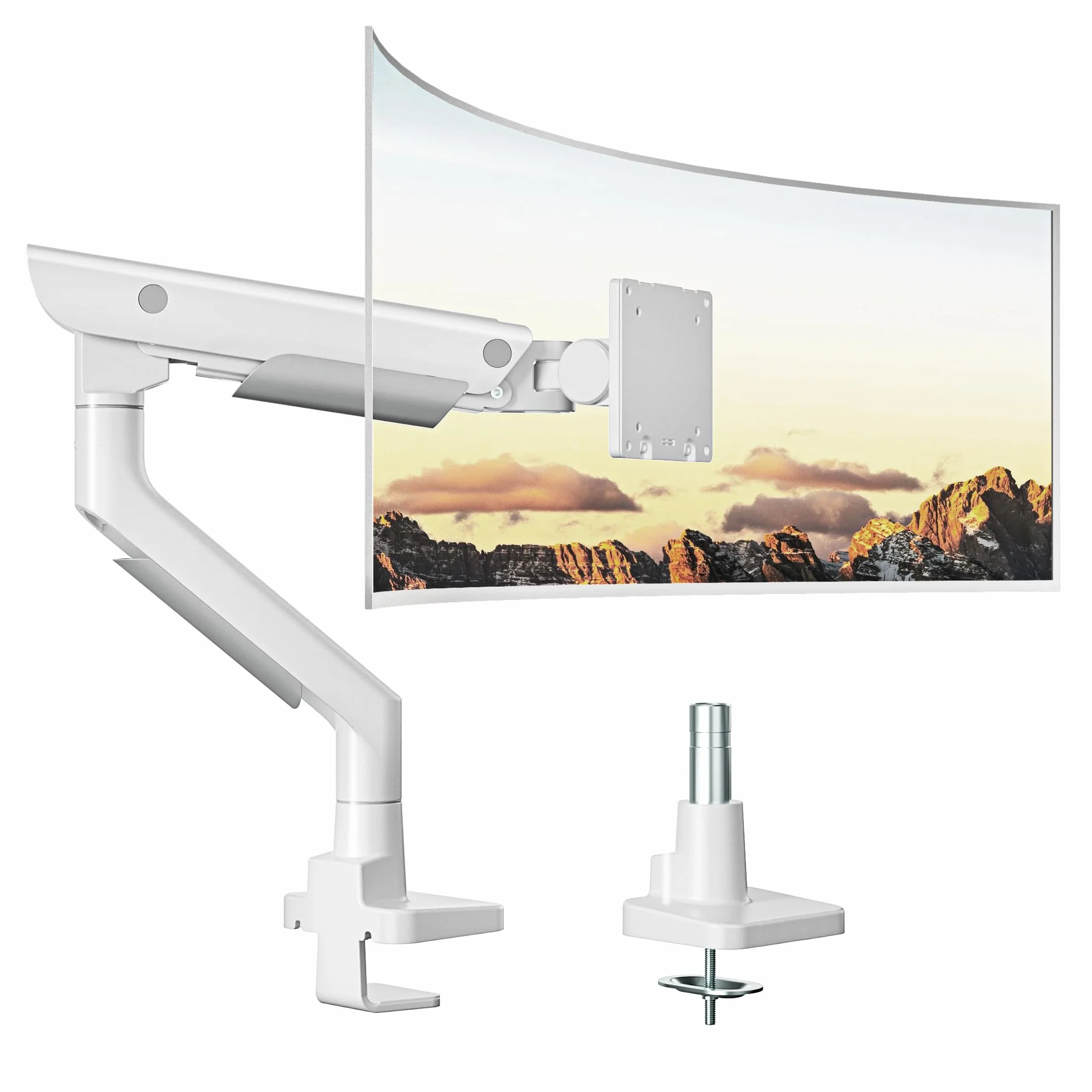 monTEK Wytrzymałe ramię do monitorów ultrapanoramicznych 17–57” do 27 kg | Aluminiowy uchwyt na jeden monitor z opcjami montażu na zacisk C lub przez otwór w blacie, VESA 75 mm/ 100 mm, Biały