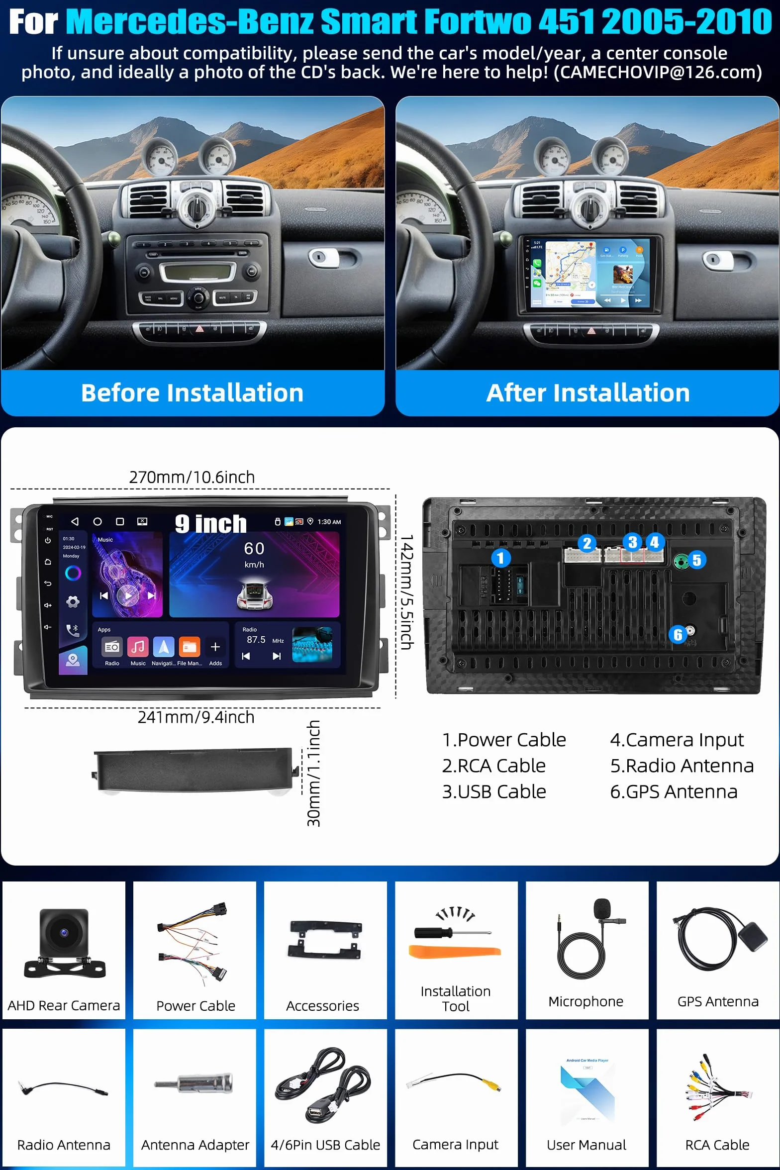 CAMECHO 4+64 GB Android 15 Radiomagnitofon z CarPlay dla Mercedes-Benz Smart Fortwo 2005–2010 Nawigacja CarPlay Android Auto 9″ ekran dotykowy Bluetooth MirrorLink WiFi FM/RDS EQ + kamera