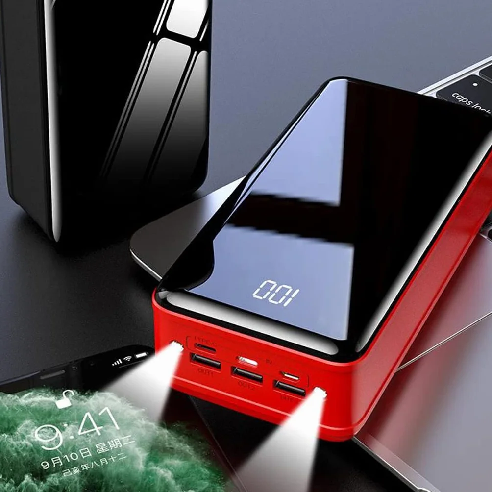 50000 MAh Power Bank o dużej pojemności Lustrzany ekran z cyfrowym wyświetlaczem Szybkie ładowanie jest wyposażone w wspólny bank mocy (Color : Black, Size : 50000mAh)