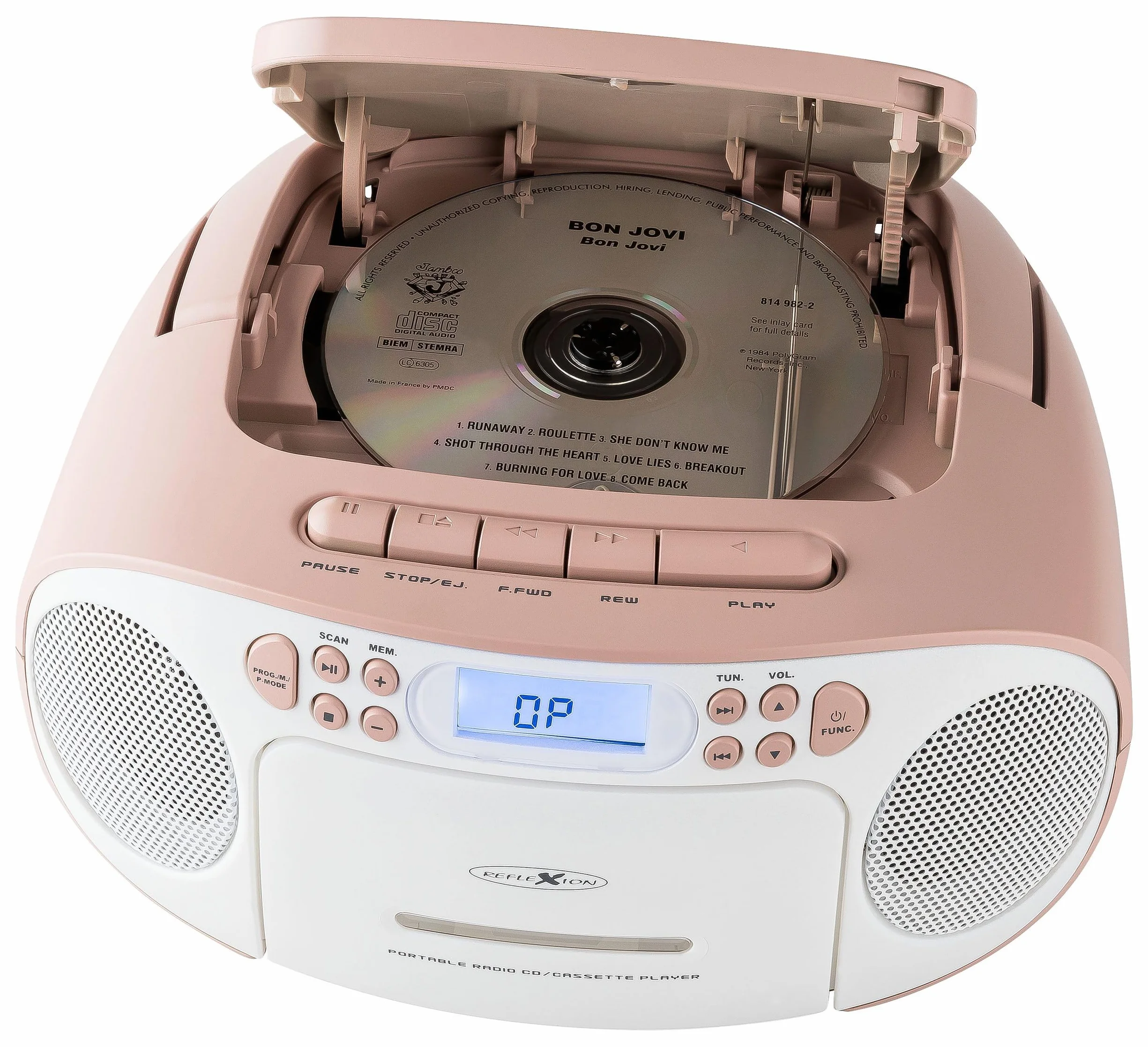 Reflexion RCR2260 odtwarzacz CD z kasetą i radiem do zasilania sieciowego i bateryjnego (radio PLL FM, wyświetlacz LCD, wejście AUX, złącze słuchawkowe), biały/różowy