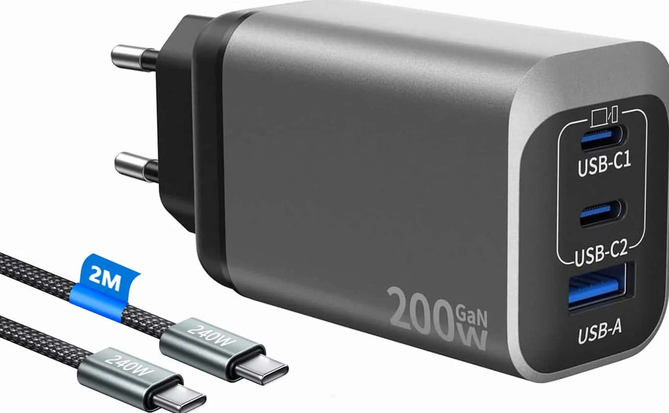 Ładowarka USB C 200 W, 3-portowa GaN Tech USB C, zasilacz PD+PPS, szybka ładowarka, ładowarka do laptopa, ładowarka do laptopa, adapter z kablem 2 m C-C, kompatybilna z MacBook Pro/iPhone 16 Pro Max